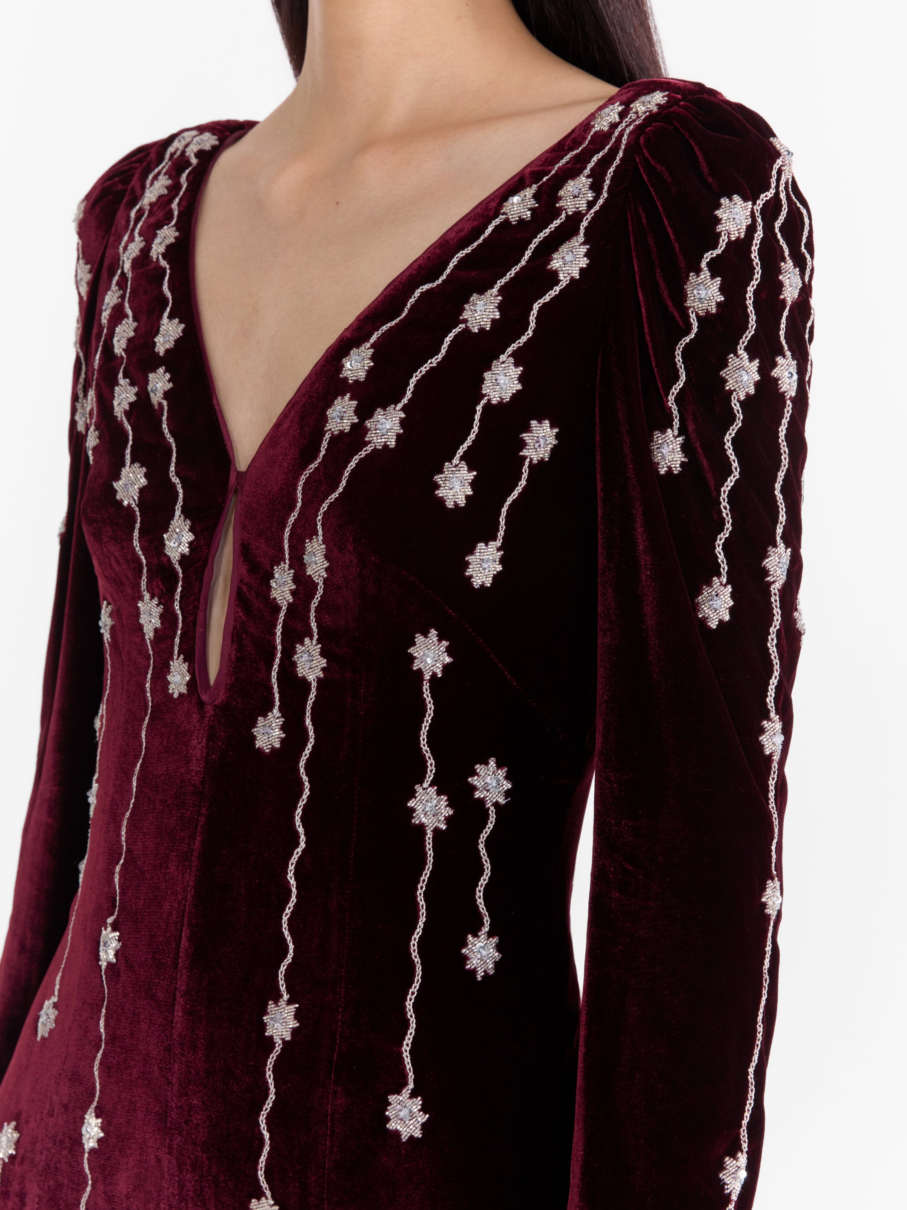 Saloni London - Joni Long Dress in Burgundy Starfall Embroidery Saloni London - Joni Long Dress in Burgundy Starfall Embroidery