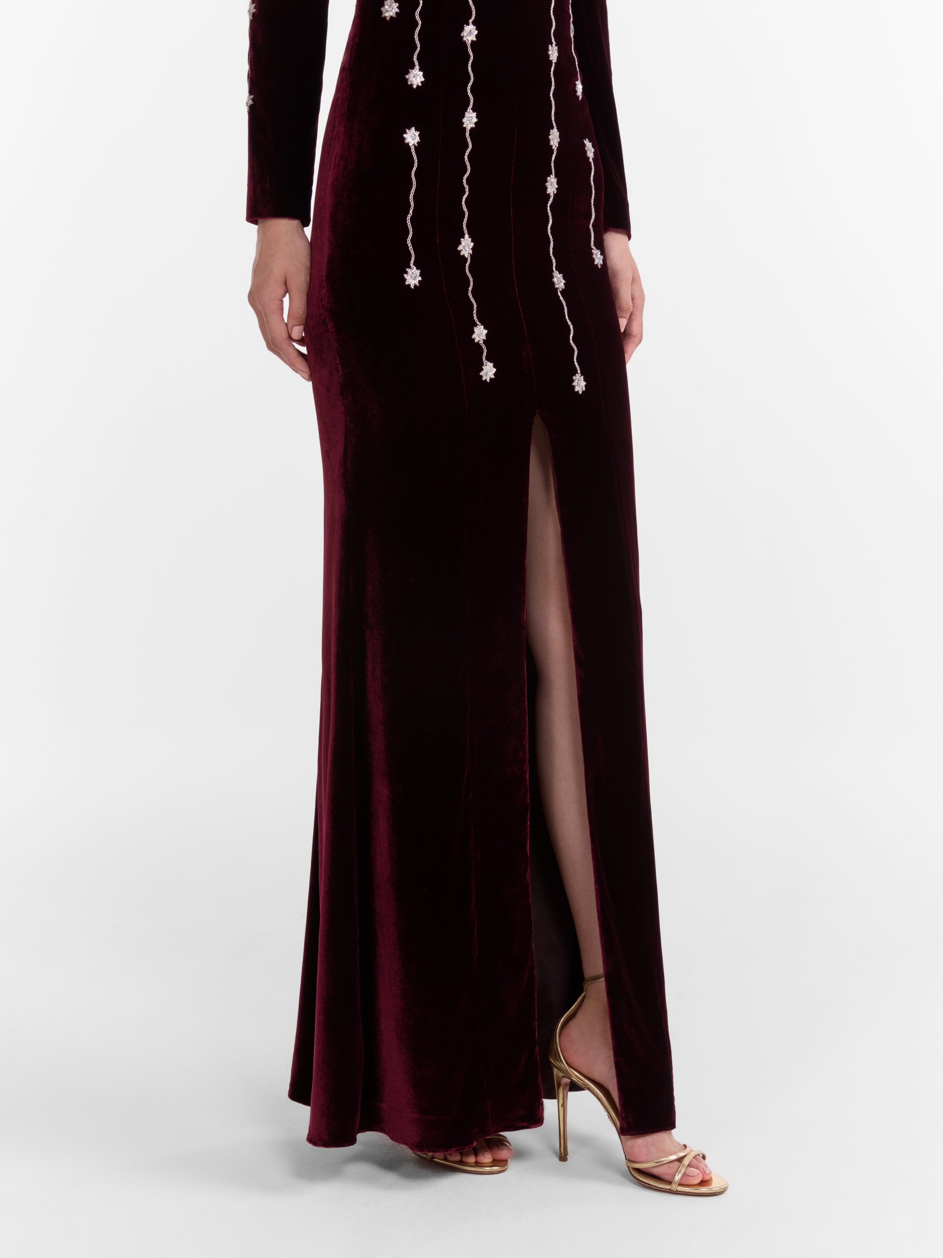 Joni Long Dress in Burgundy Starfall Embroidery