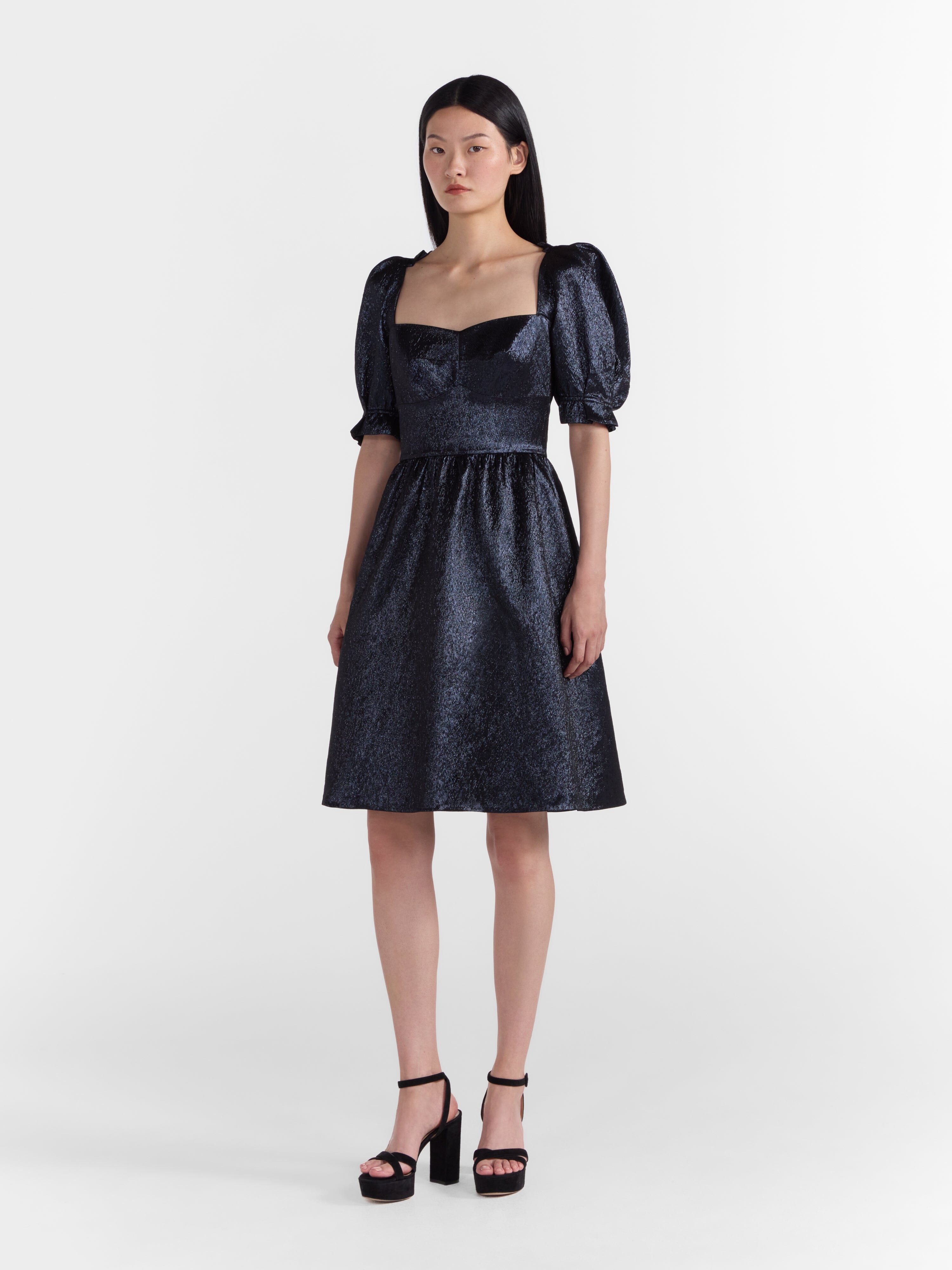 Rachel D Knee Dress in Metallic Midnight