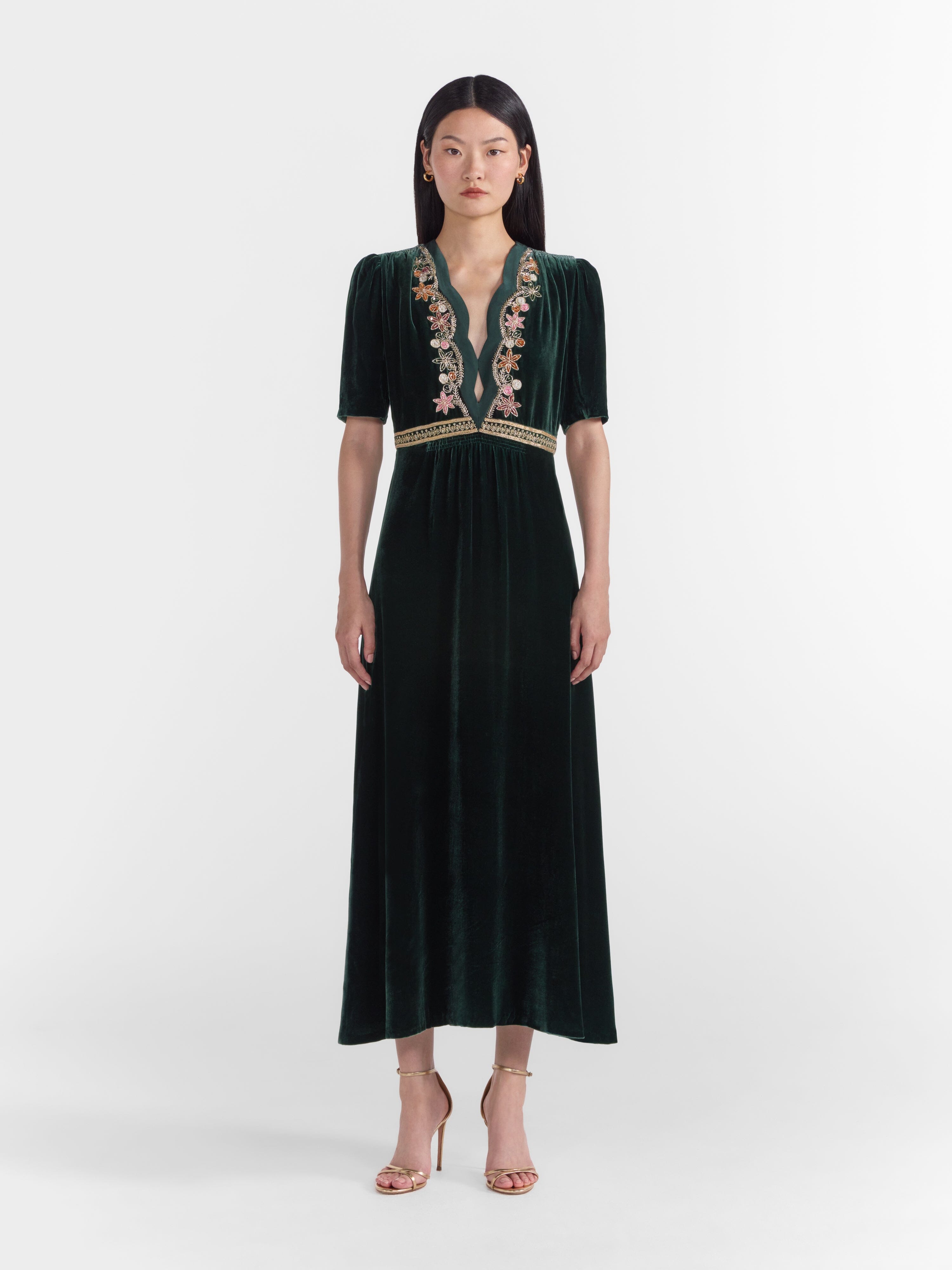 Tabitha Dress in Forest Green with Vine Embroidery