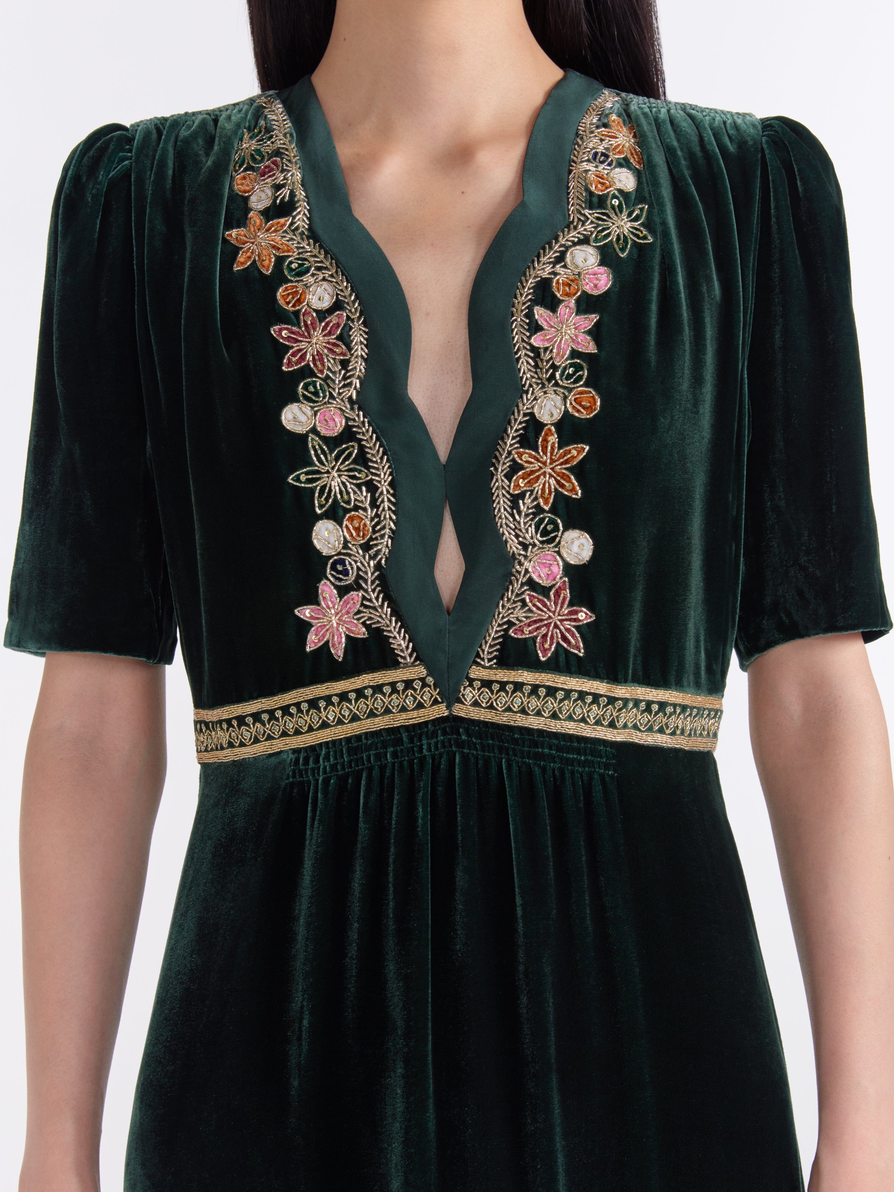 Tabitha Dress in Forest Green with Vine Embroidery