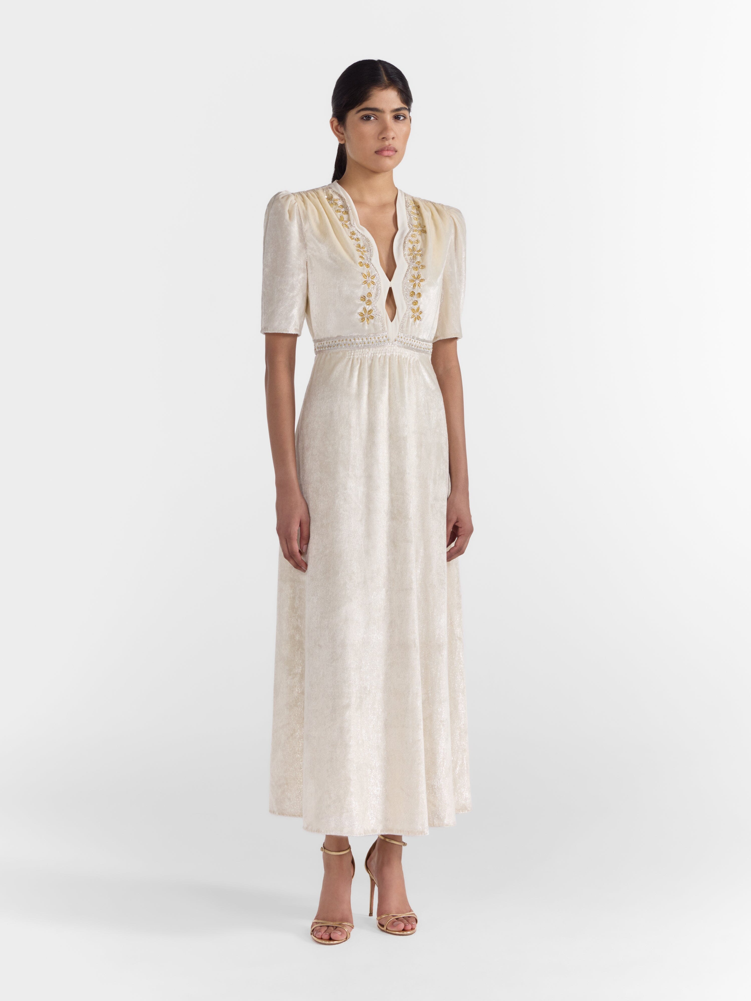 Tabitha Dress in Tusk Silver Vines Embroidery