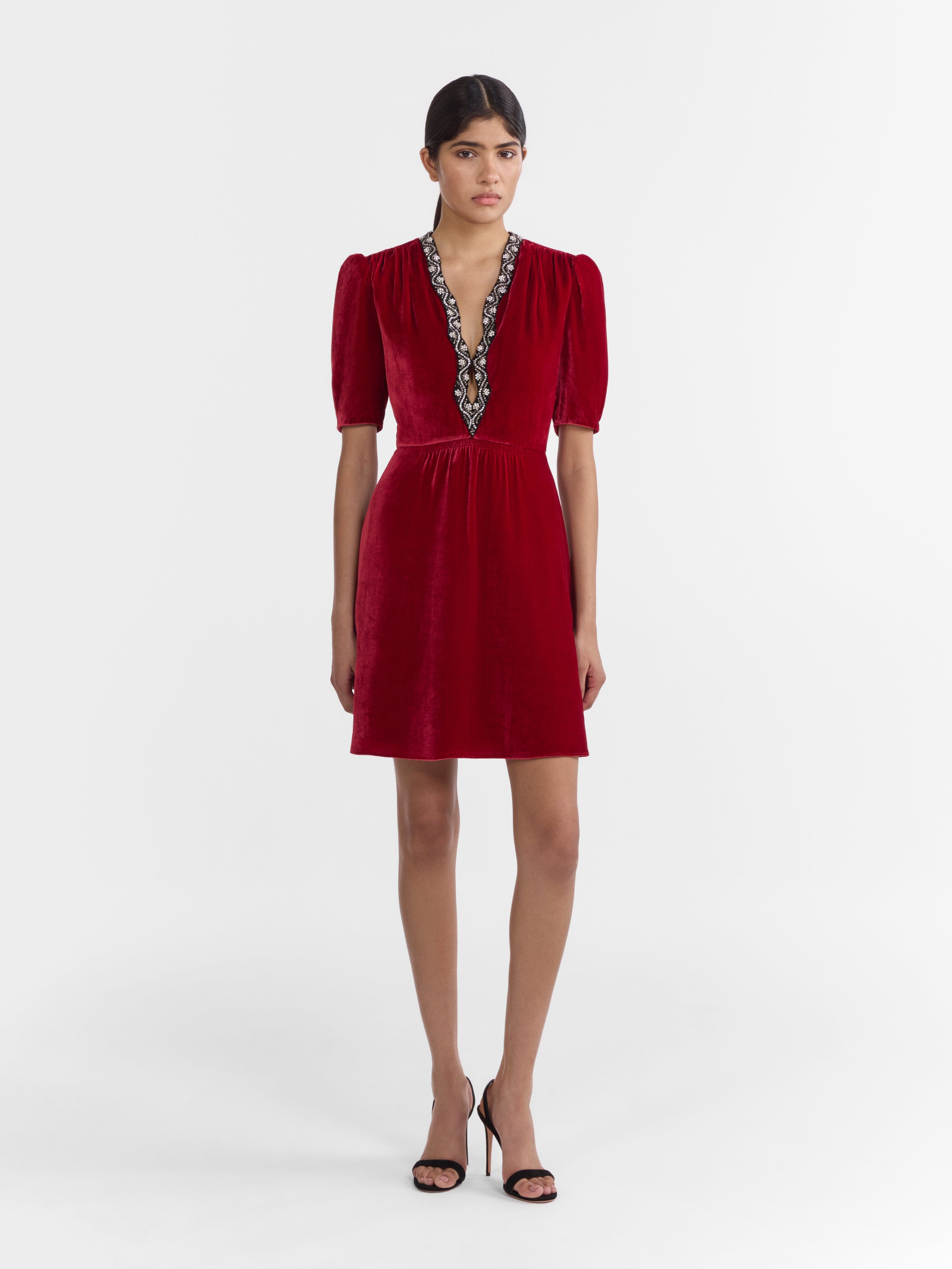 Tabitha Mini B Dress True Red Black Embroidery