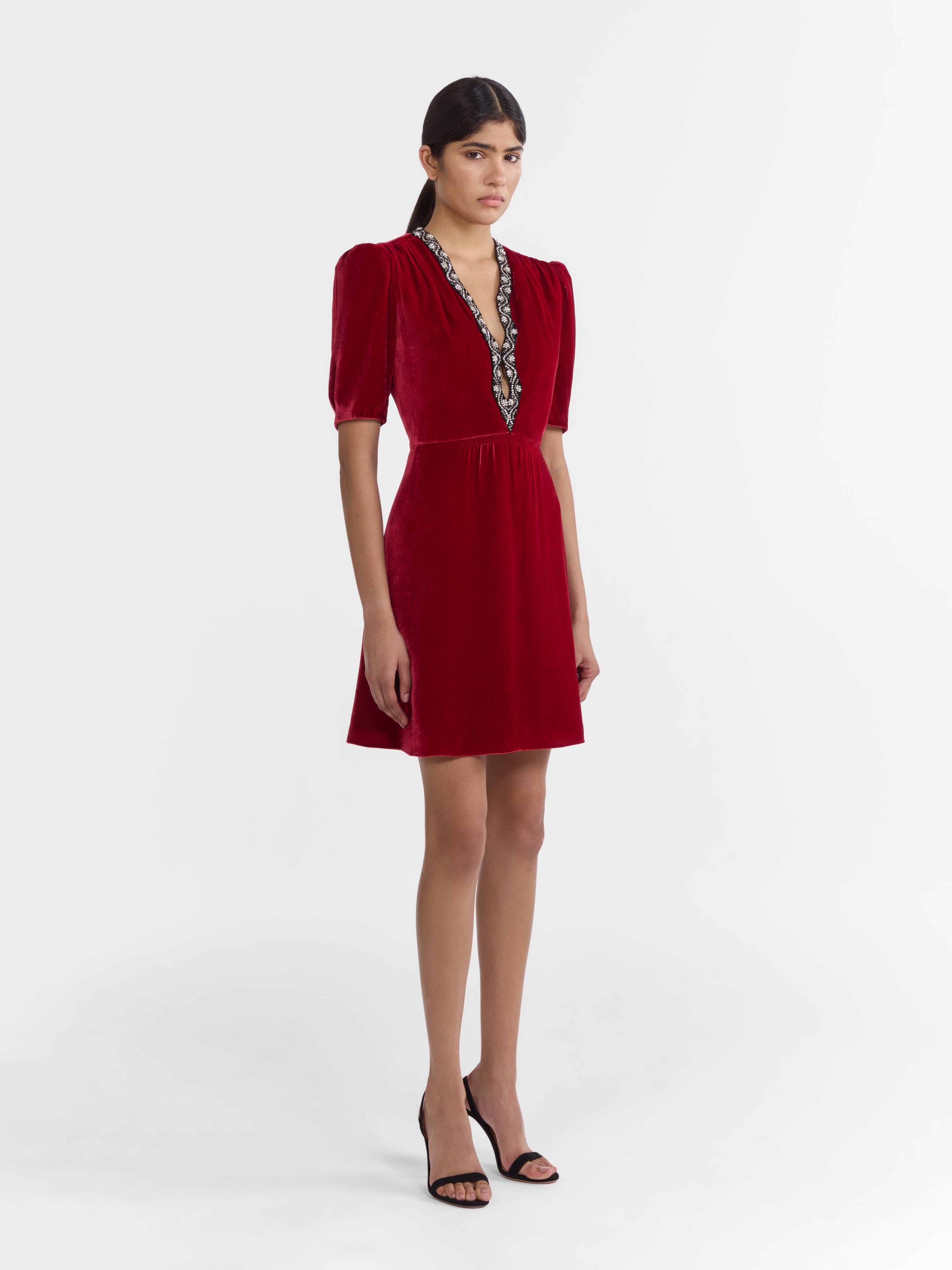 Tabitha Mini B Dress True Red Black Embroidery