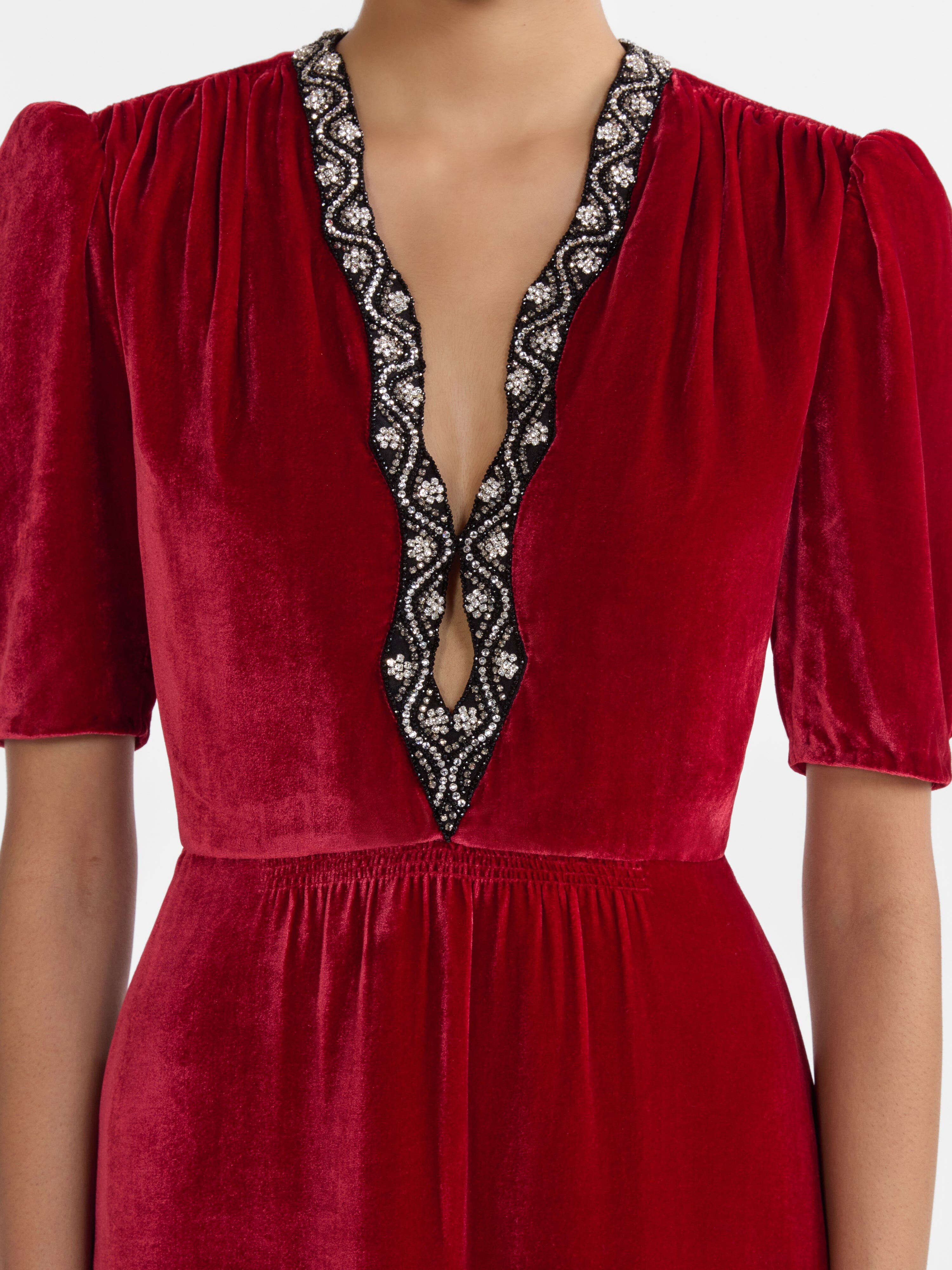 Tabitha Mini B Dress True Red Black Embroidery