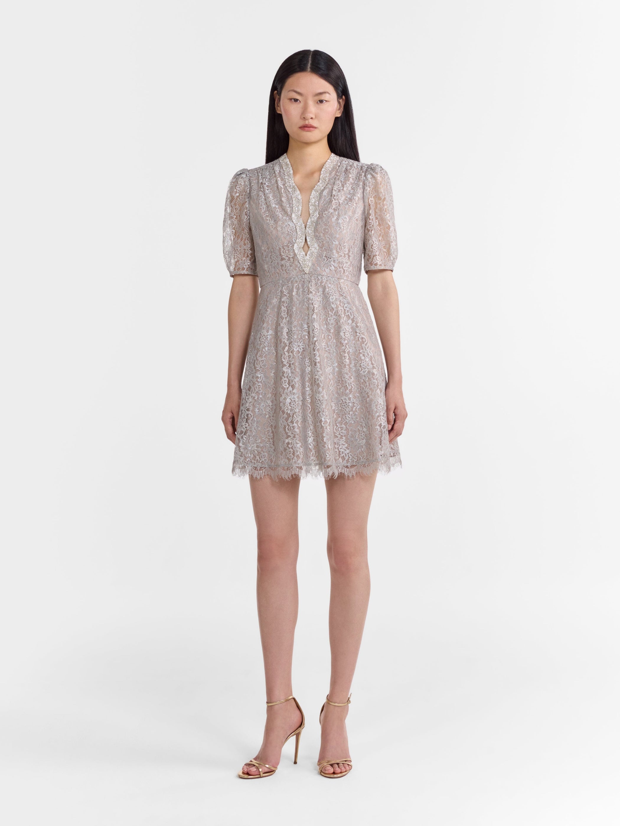 Tabitha Mini Lace Dress in Silver Ivory Embroidery