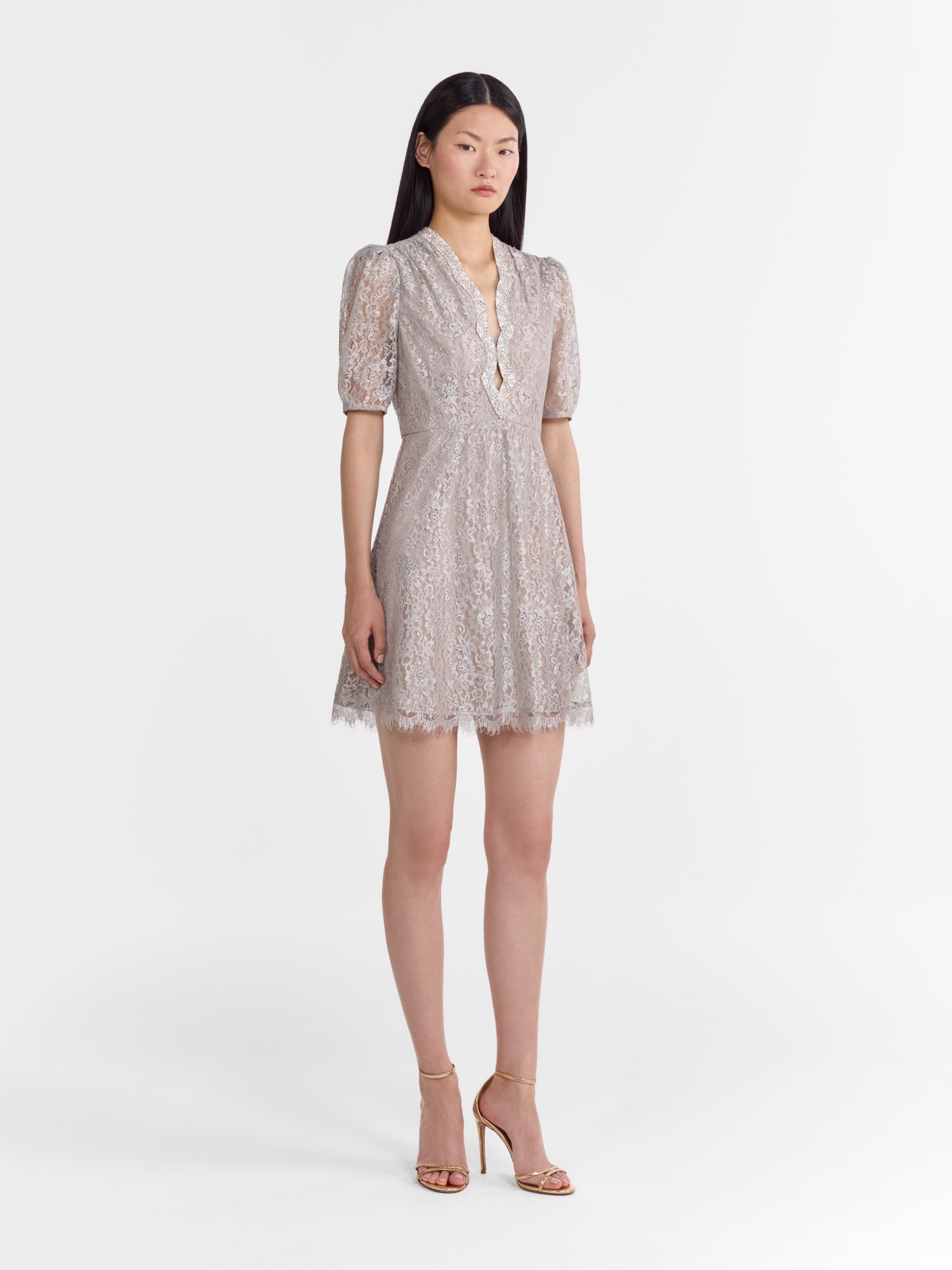 Tabitha Mini Lace Dress in Silver Ivory Embroidery