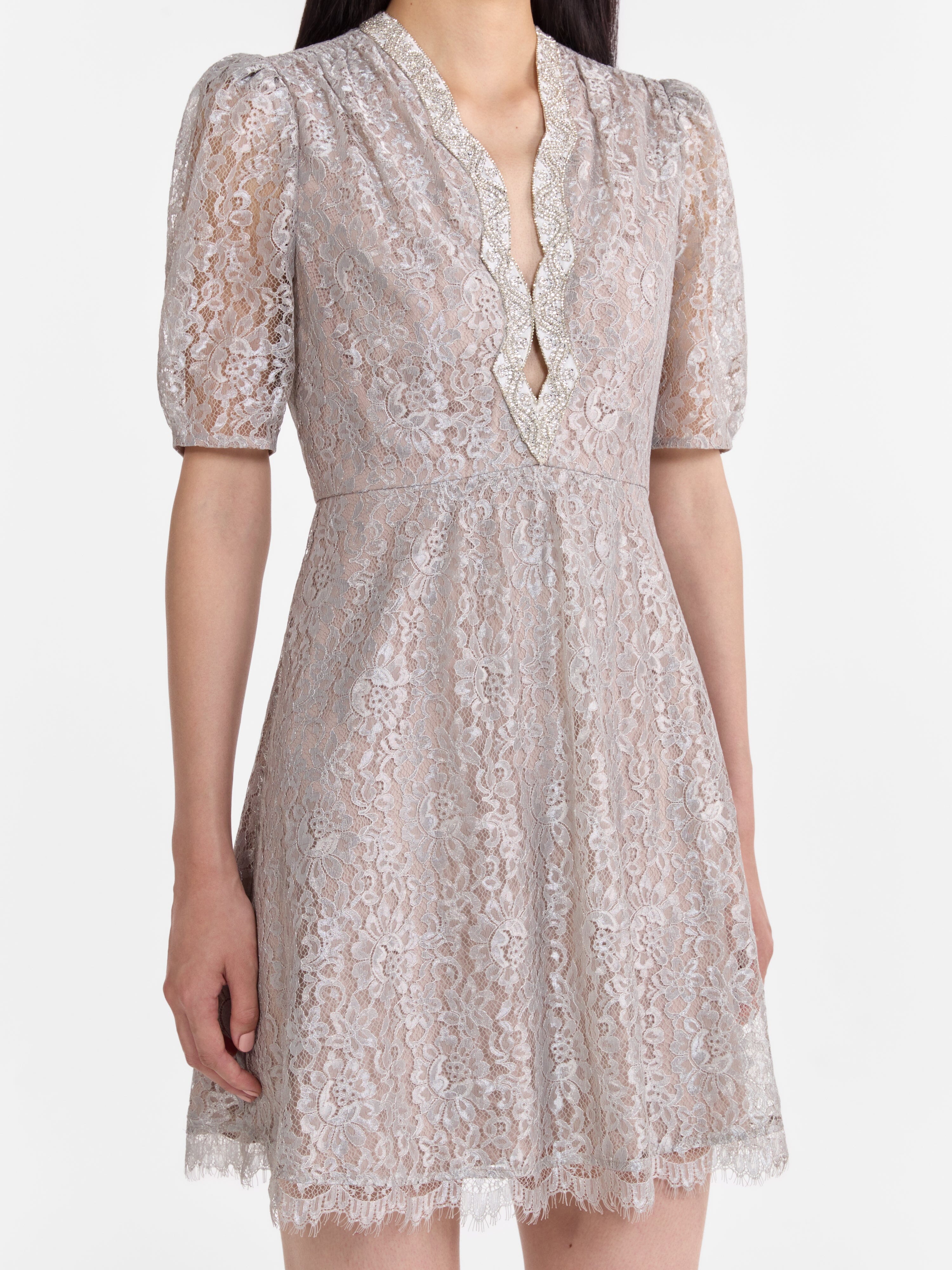 Tabitha Mini Lace Dress in Silver Ivory Embroidery