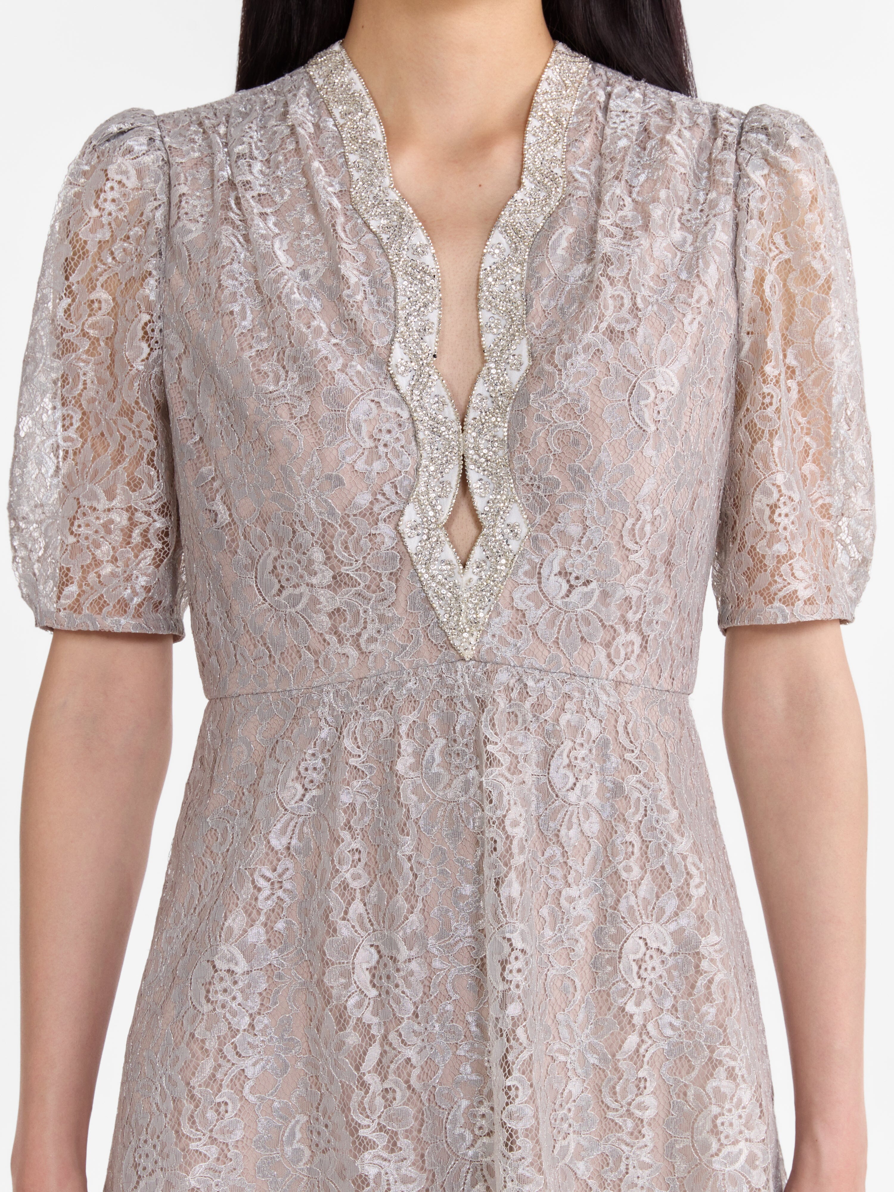 Tabitha Mini Lace Dress in Silver Ivory Embroidery