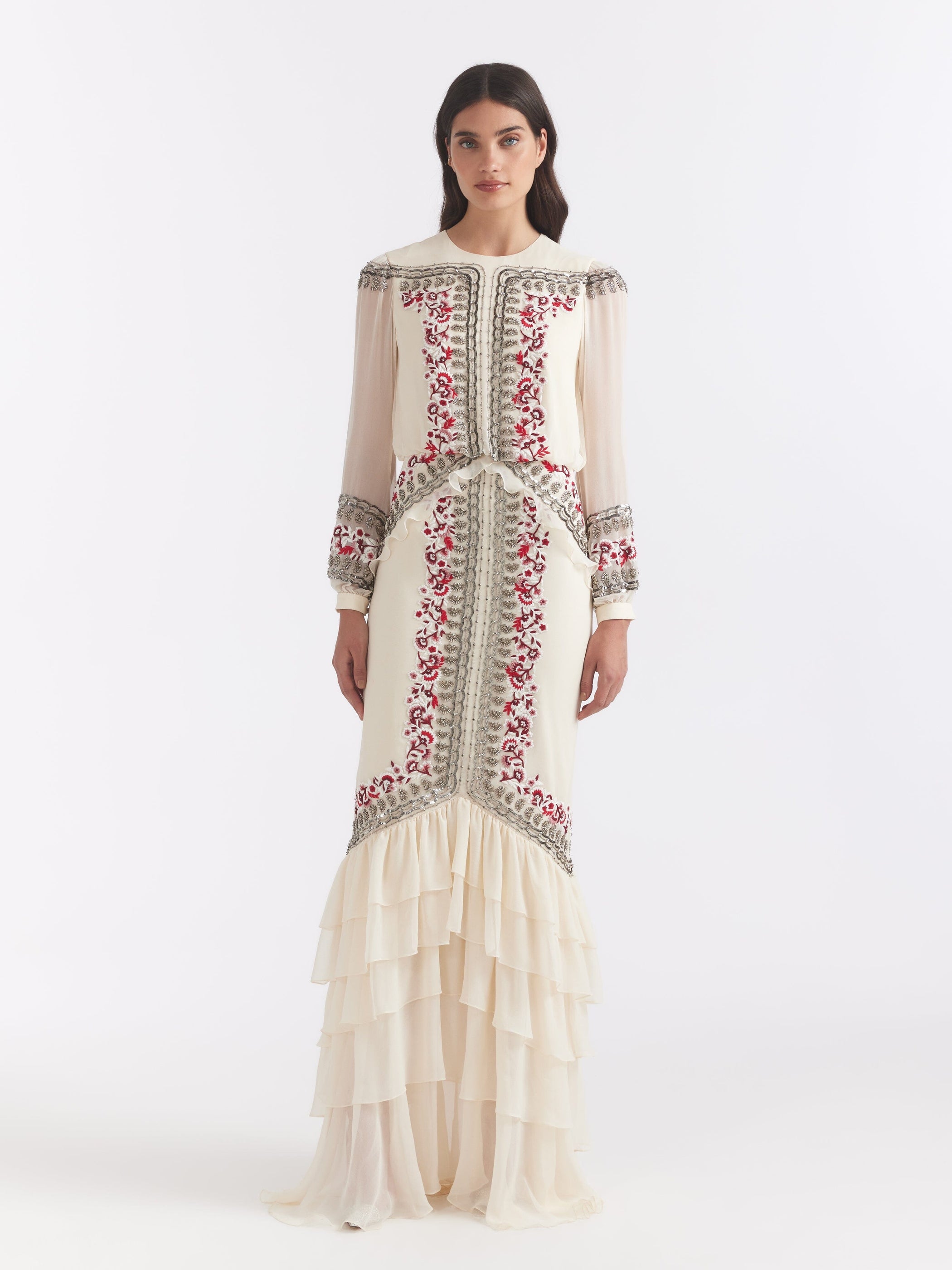 Isa Long C Dress Cream Botanic Embroidery