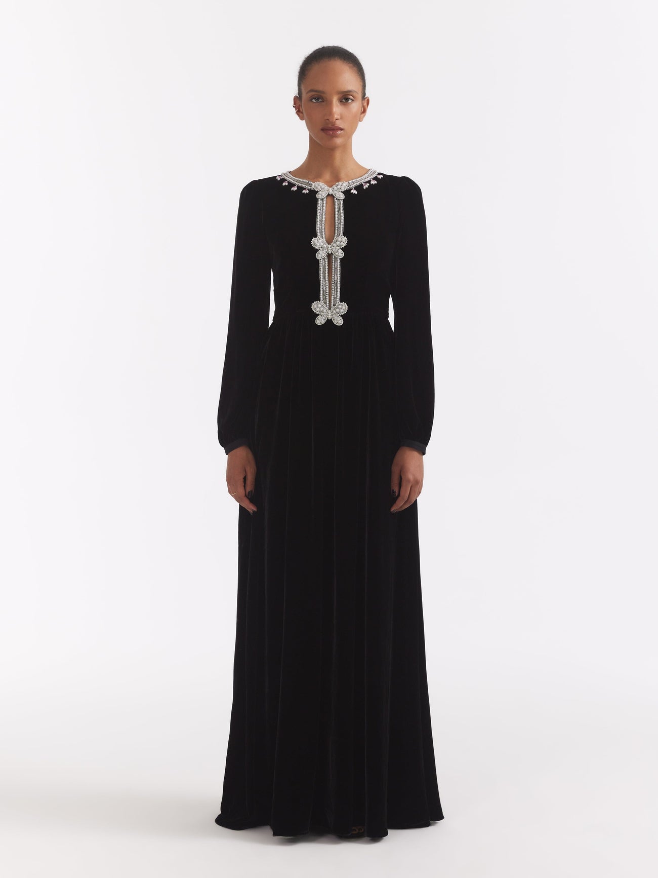 Load image into Gallery viewer, Camille Long Dress in Black Monarch Embroidery