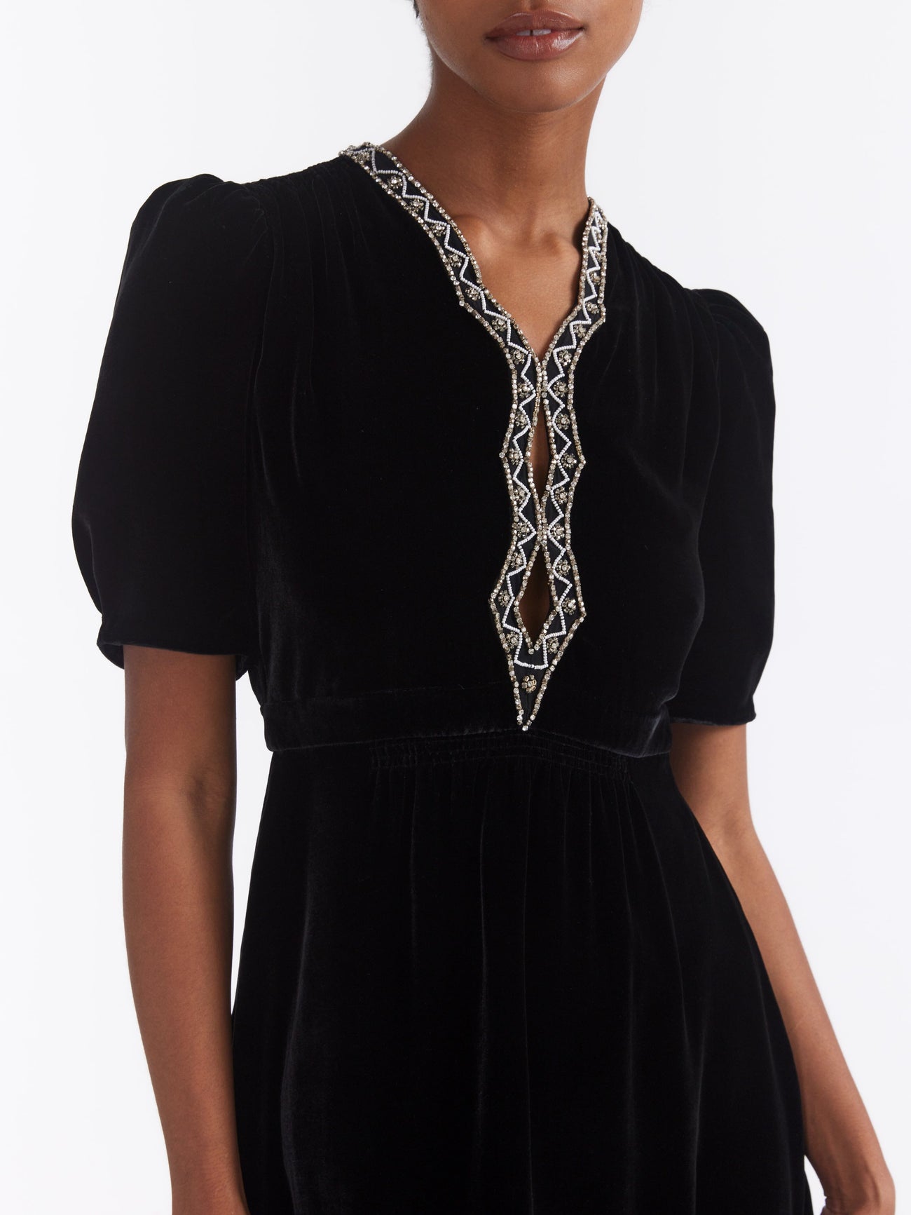 Load image into Gallery viewer, Tabitha Mini Dress in Black Diamante Embroidery