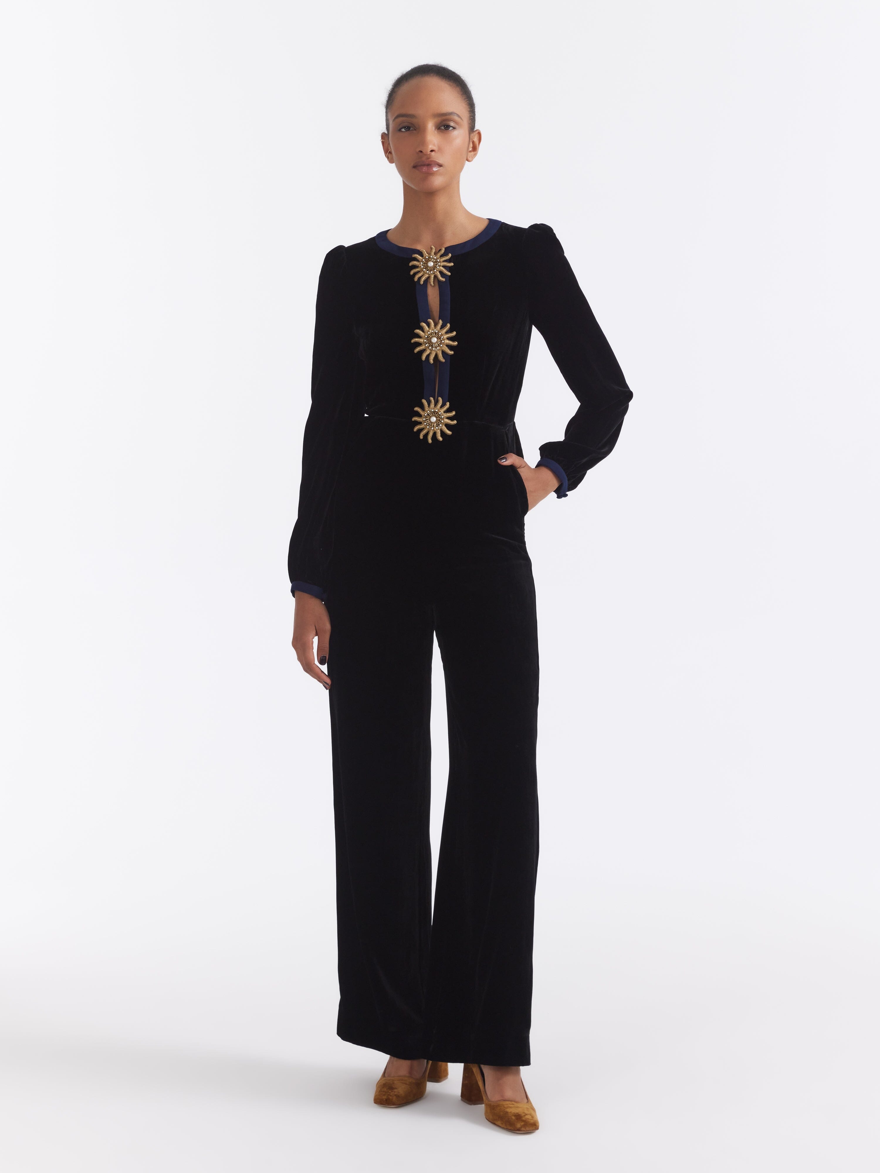 Camille Bows Jumpsuit in Black Gold Embroidery