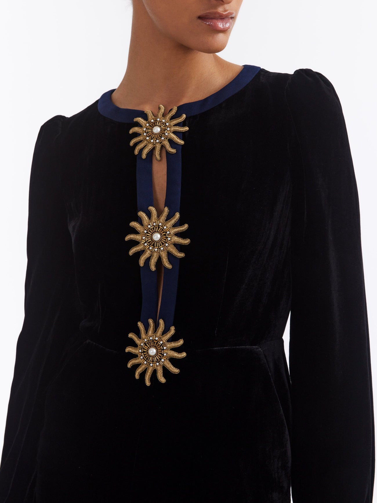 Load image into Gallery viewer, Camille Bows Jumpsuit in Black Gold Embroidery