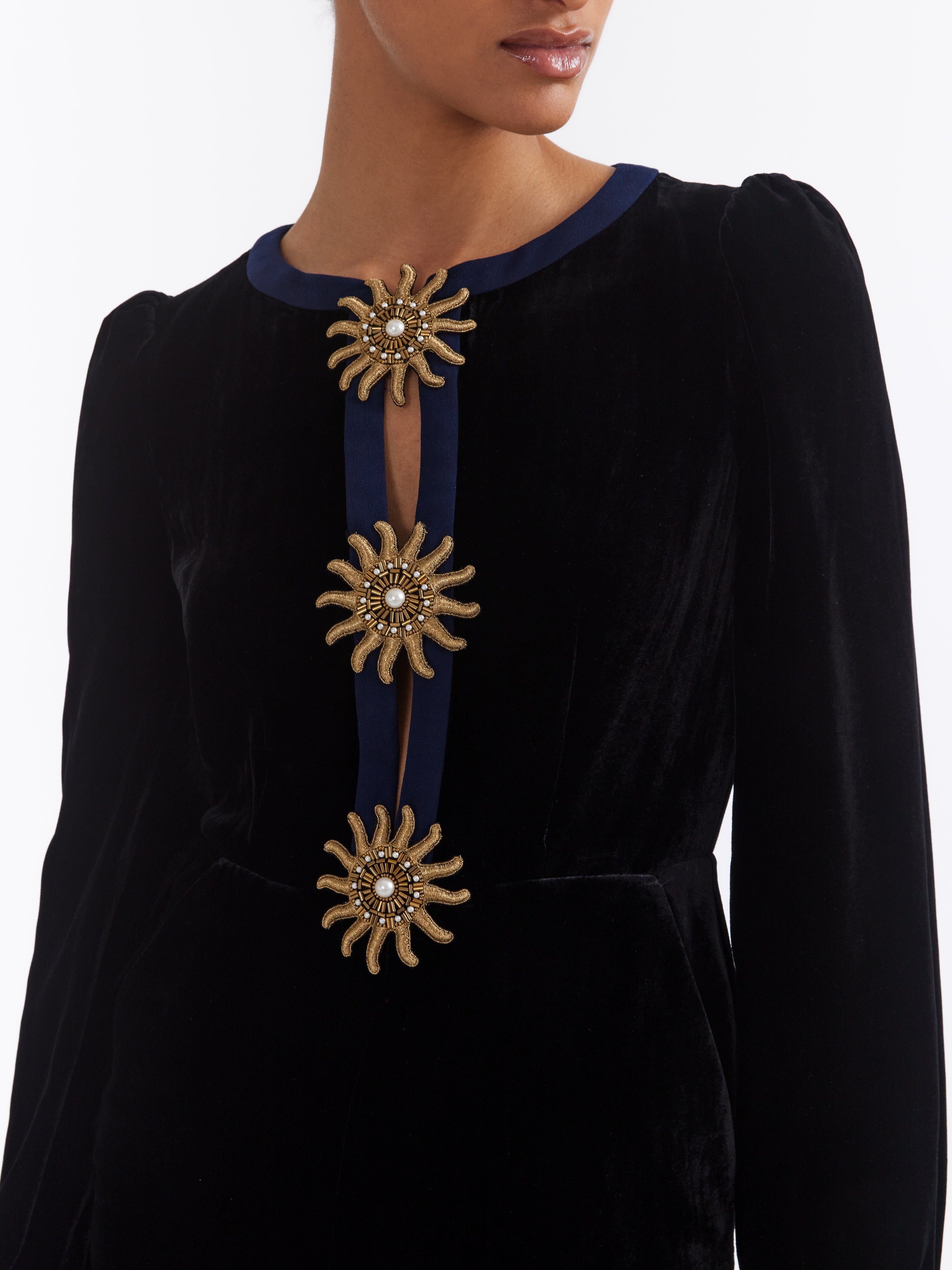 Camille Bows Jumpsuit in Black Gold Embroidery
