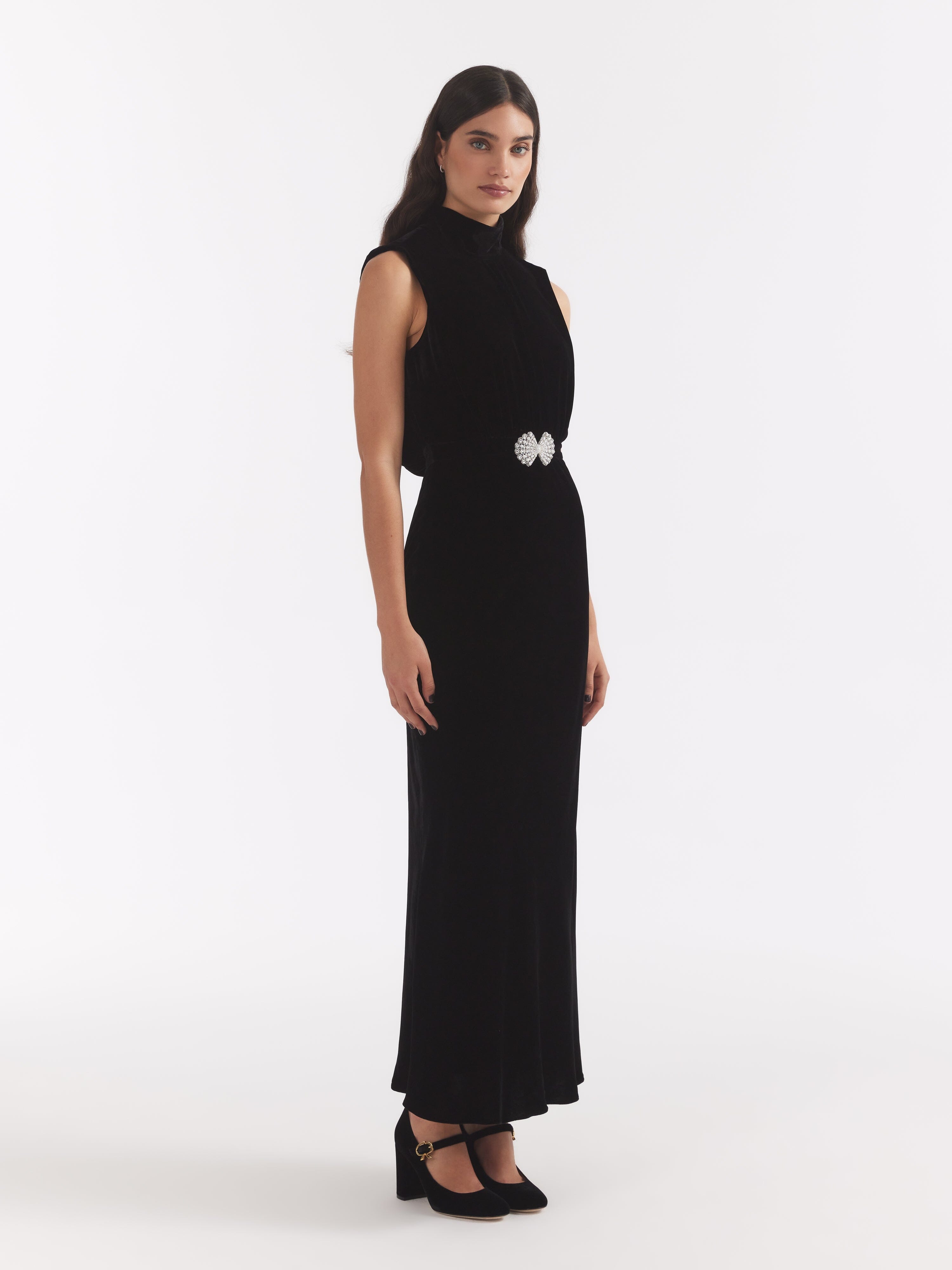 Fleur Velvet Dress in Black Pearl Clamshell