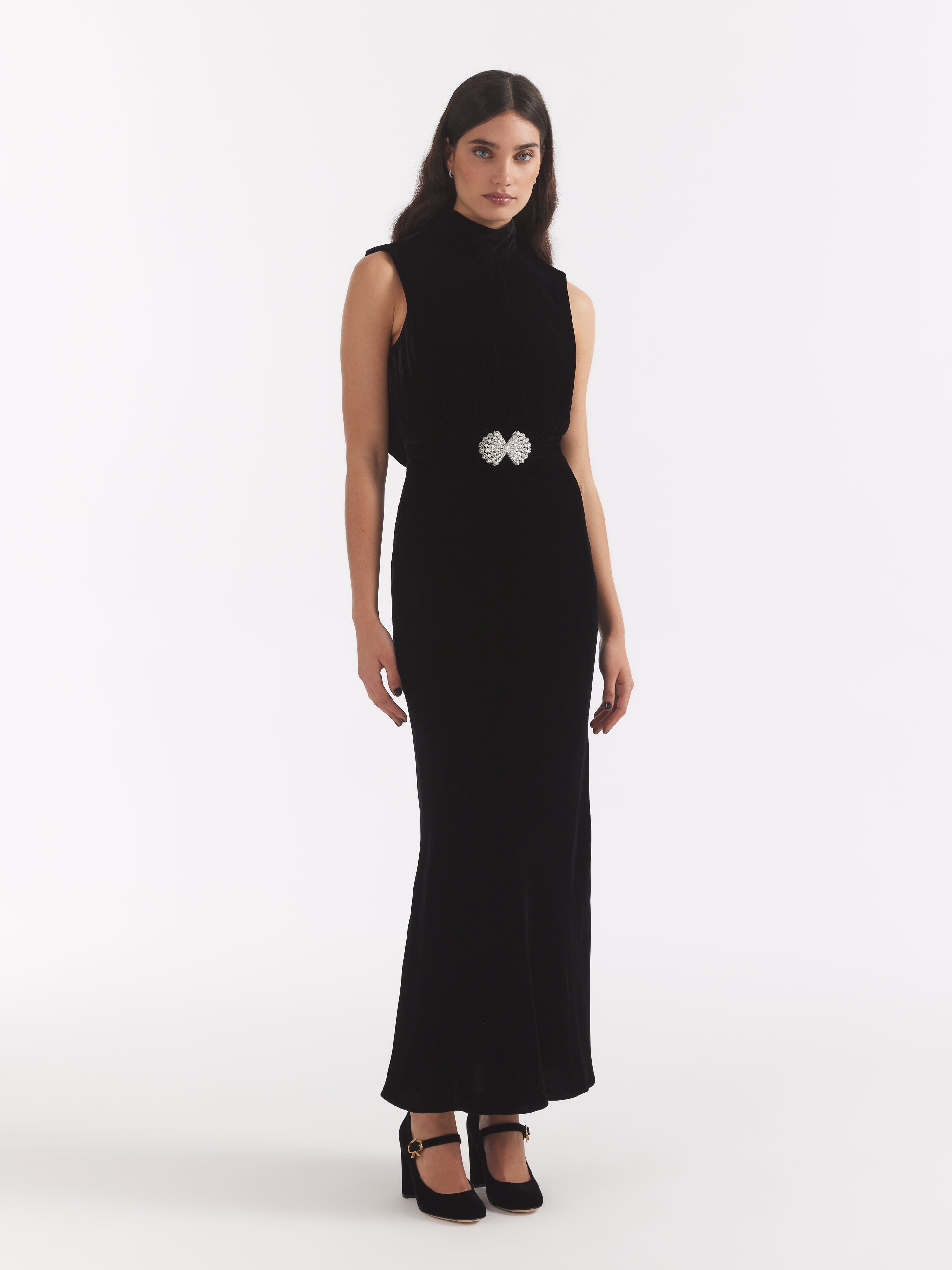 Fleur Velvet Dress in Black Pearl Clamshell SALONI