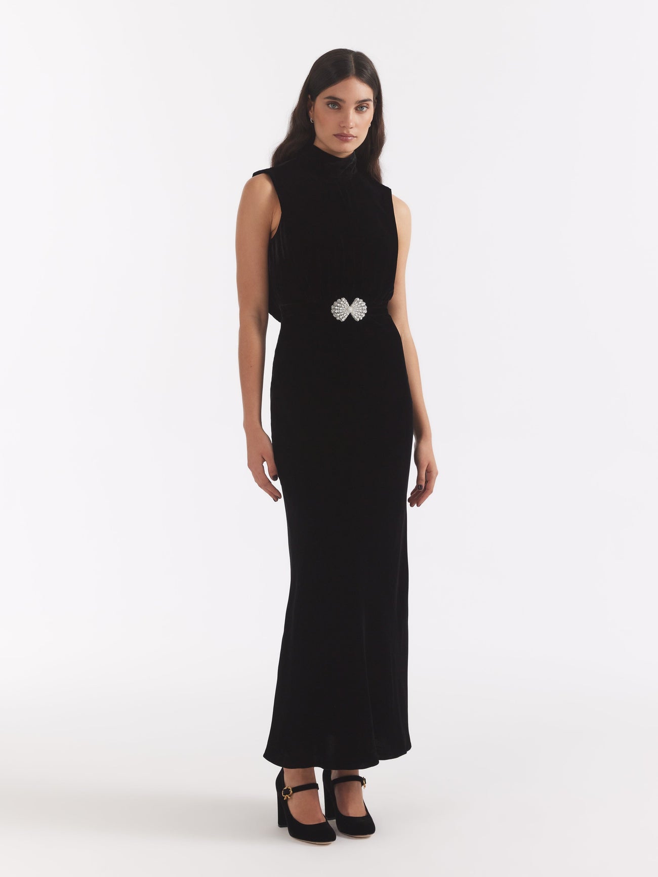 Load image into Gallery viewer, Fleur Velvet Dress in Black Pearl Clamshell