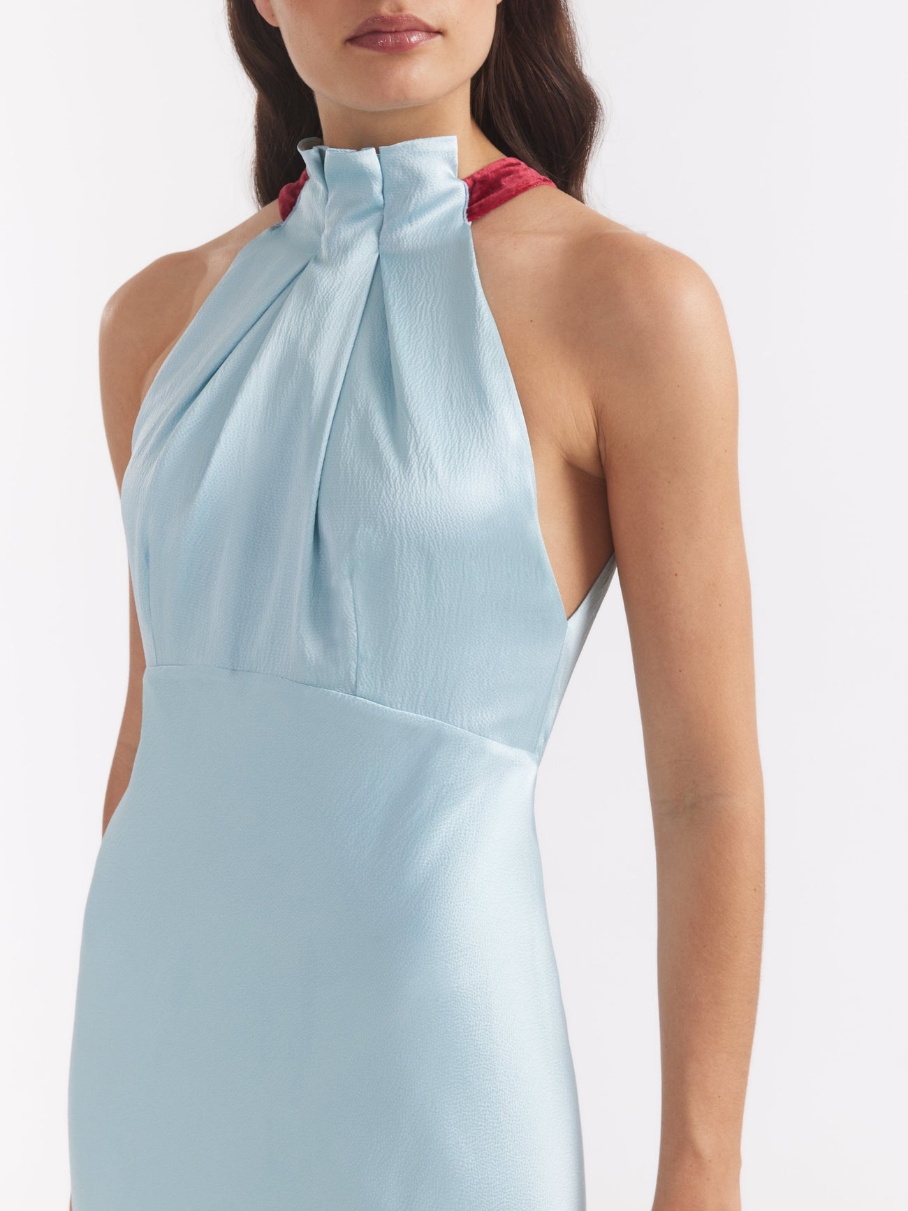 Saloni Michelle Velvet-trimmed Hammered-silk Maxi Dress in Blue