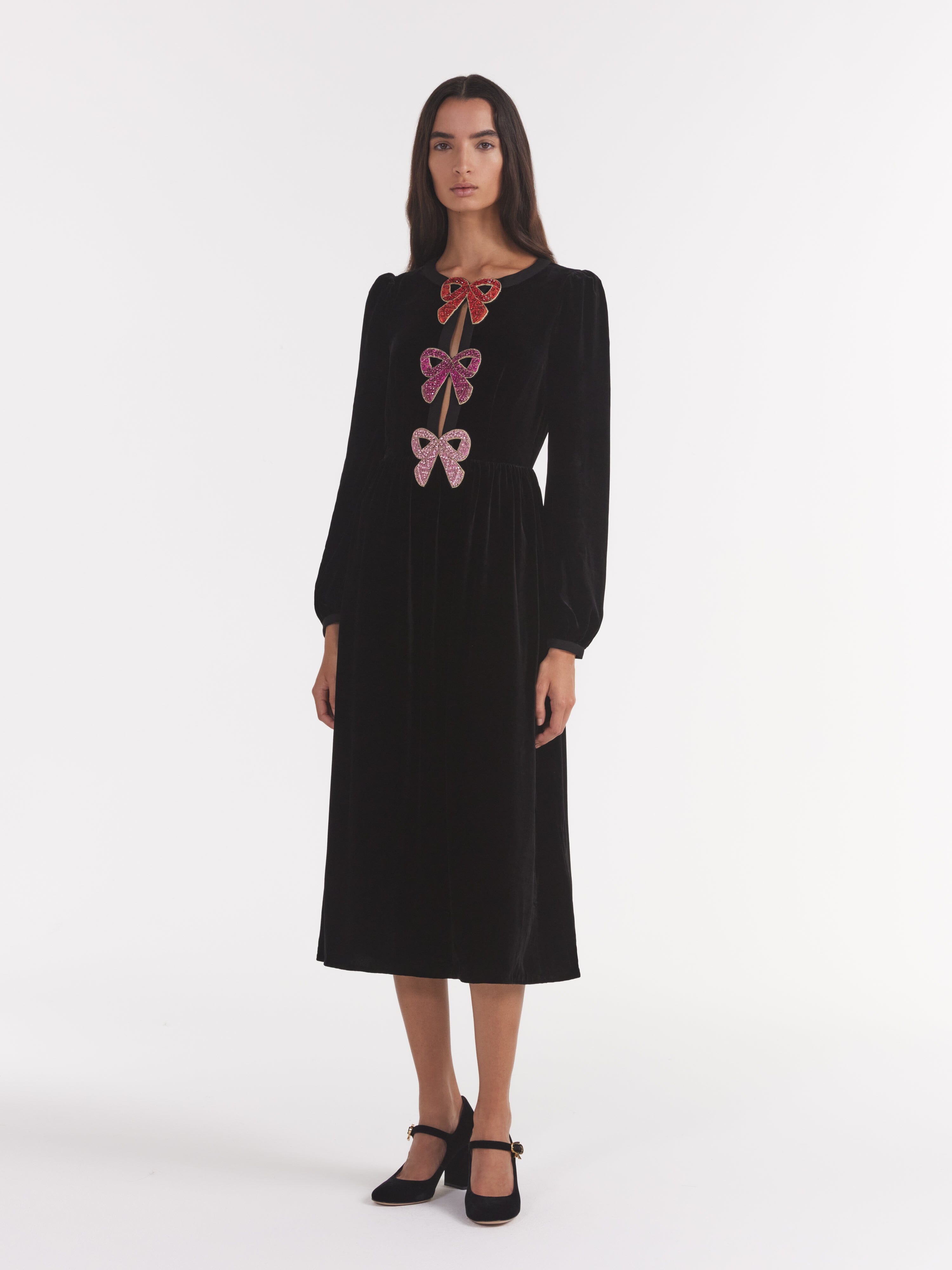 Camille Velvet Pink Bows Dress in Black – SALONI