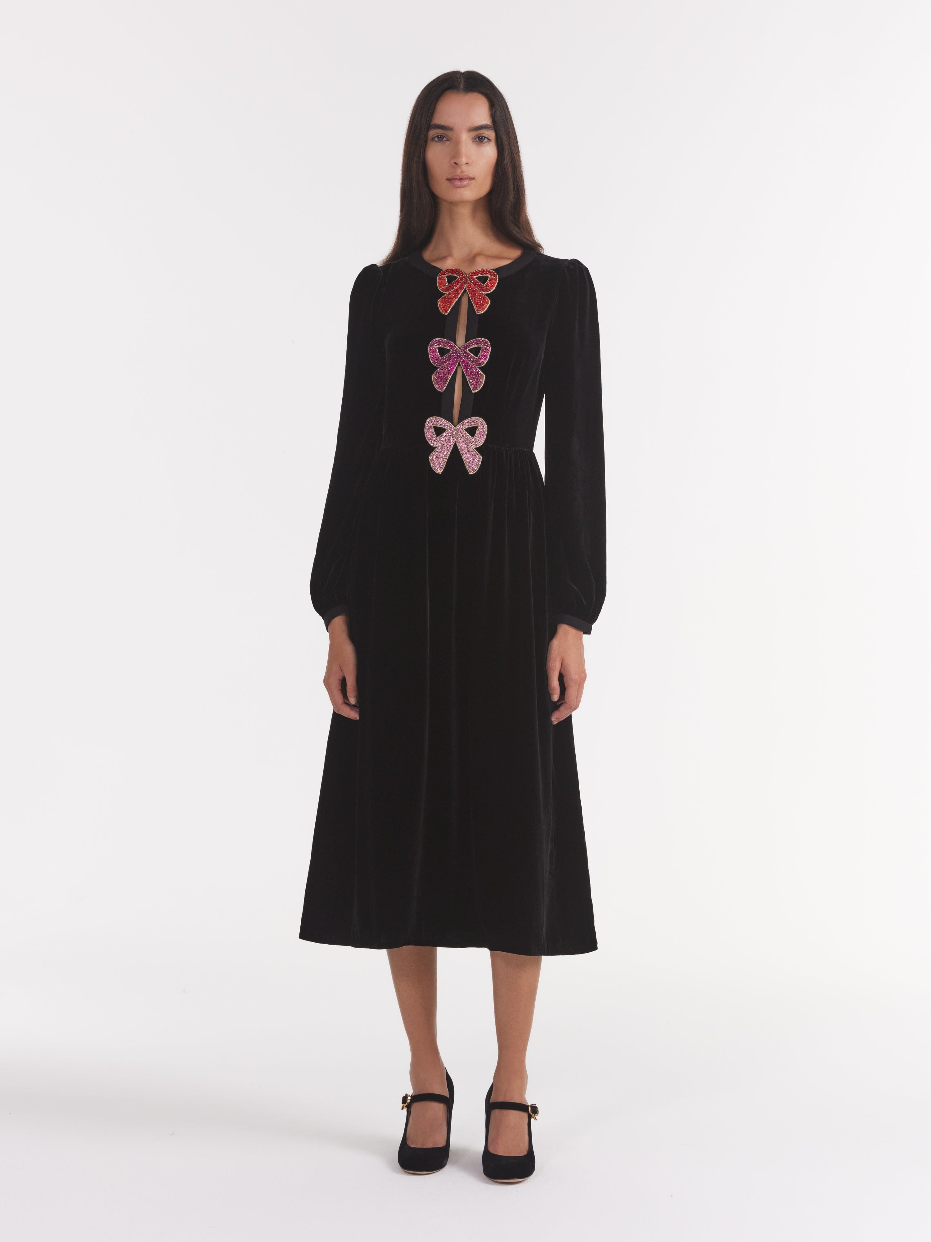 saloni bow dress green Camille Velvet Embellished Bows Dress in Green SALONI