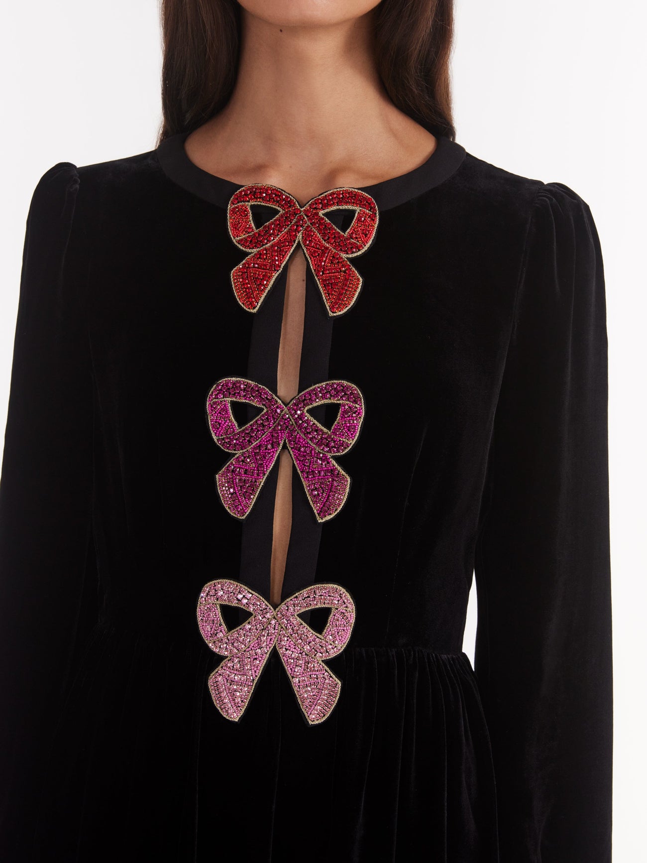 Load image into Gallery viewer, Camille Velvet Pink Bows Dress in Black