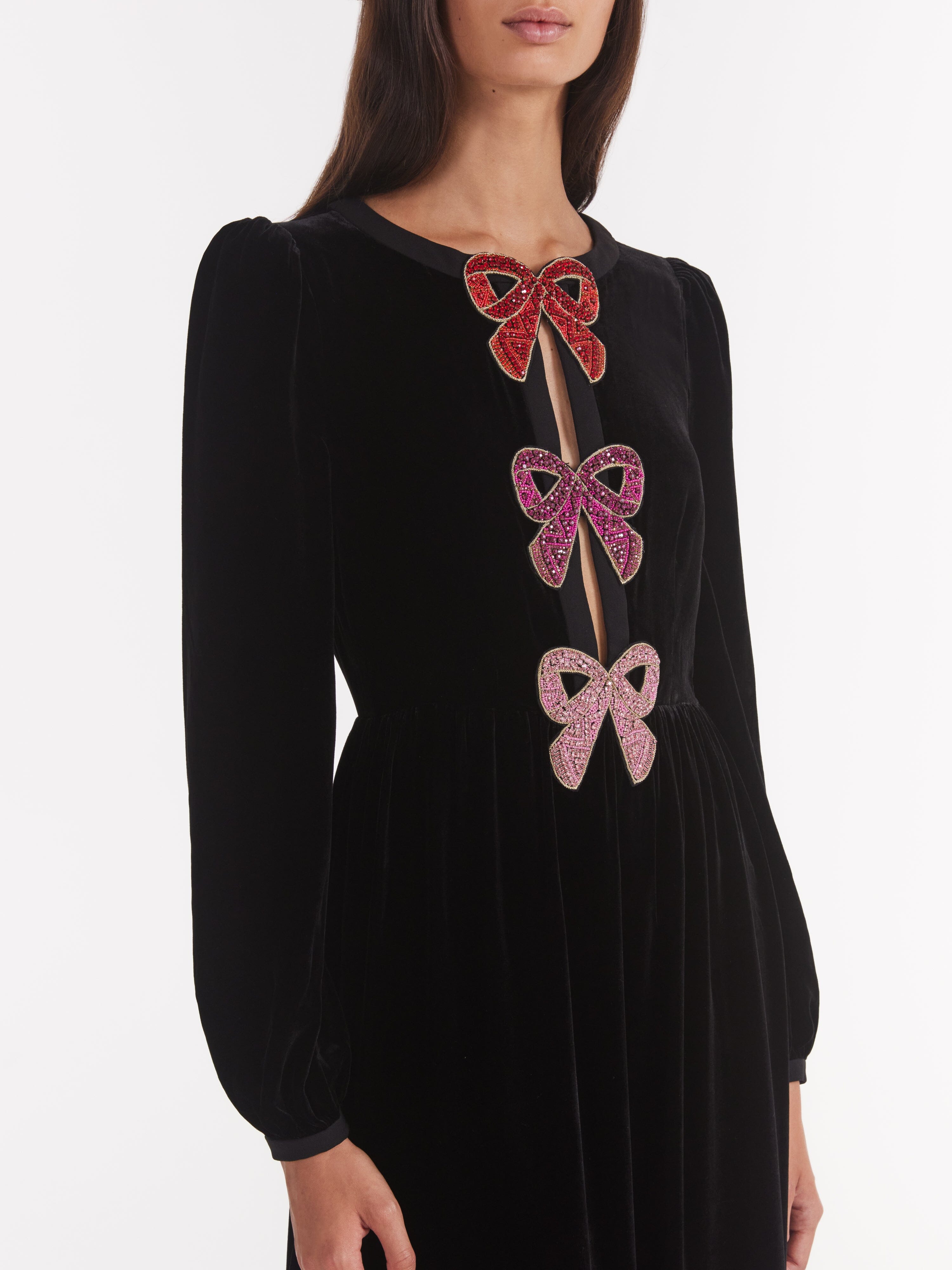 Camille Velvet Pink Bows Dress in Black