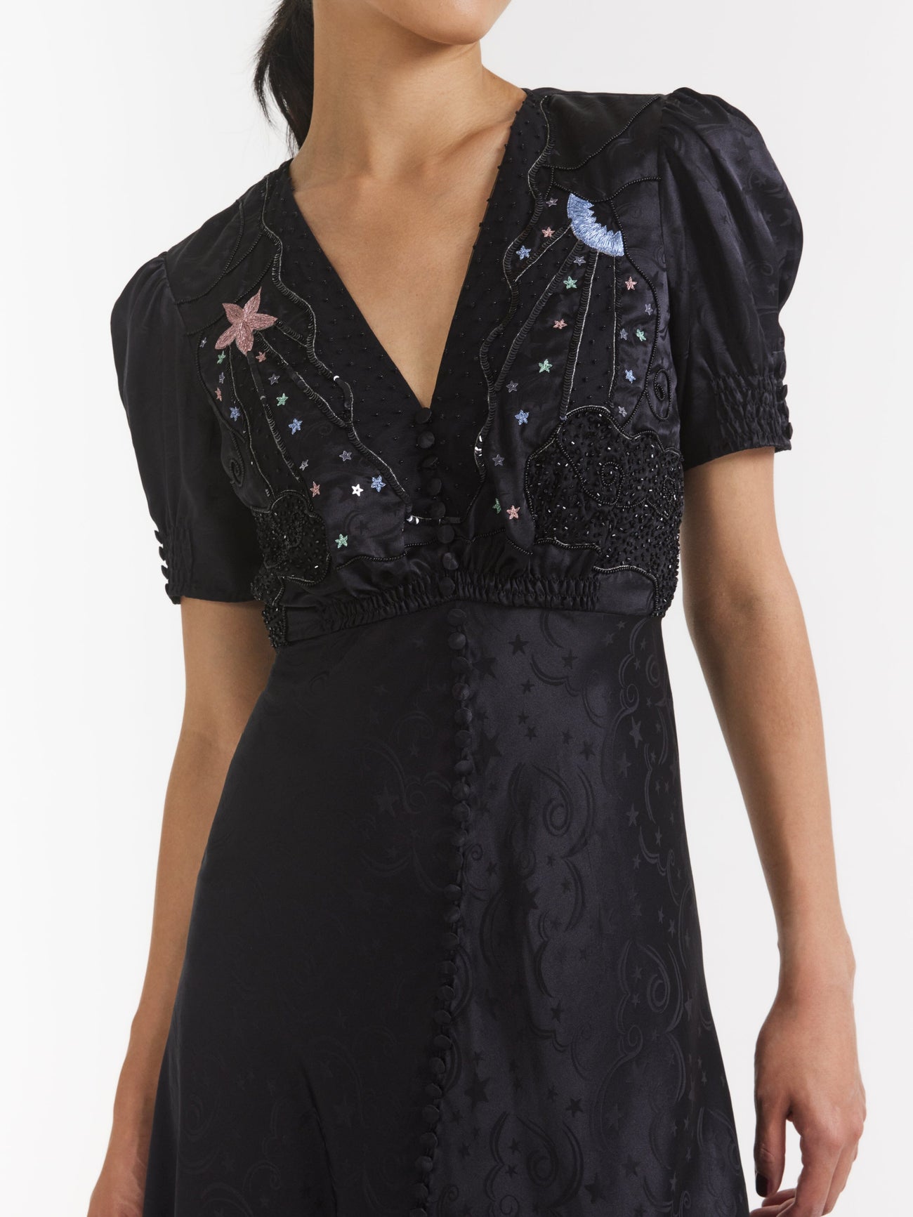 Load image into Gallery viewer, Venyx Lea Long Dress in Black Moonbeam Embroidery