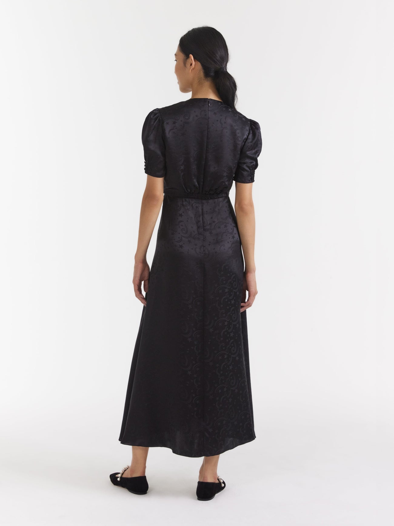 Load image into Gallery viewer, Venyx Lea Long Dress in Black Moonbeam Embroidery
