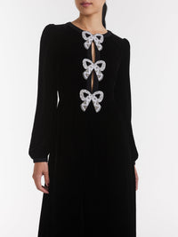Camille Velvet Embellished Bows Long Dress in Black