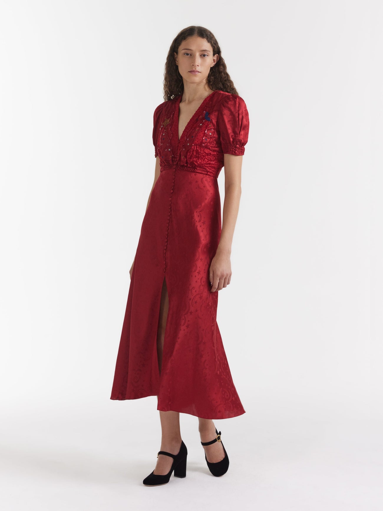 Load image into Gallery viewer, Venyx Lea Long Dress in Deep Red Moonbeam Embroidery