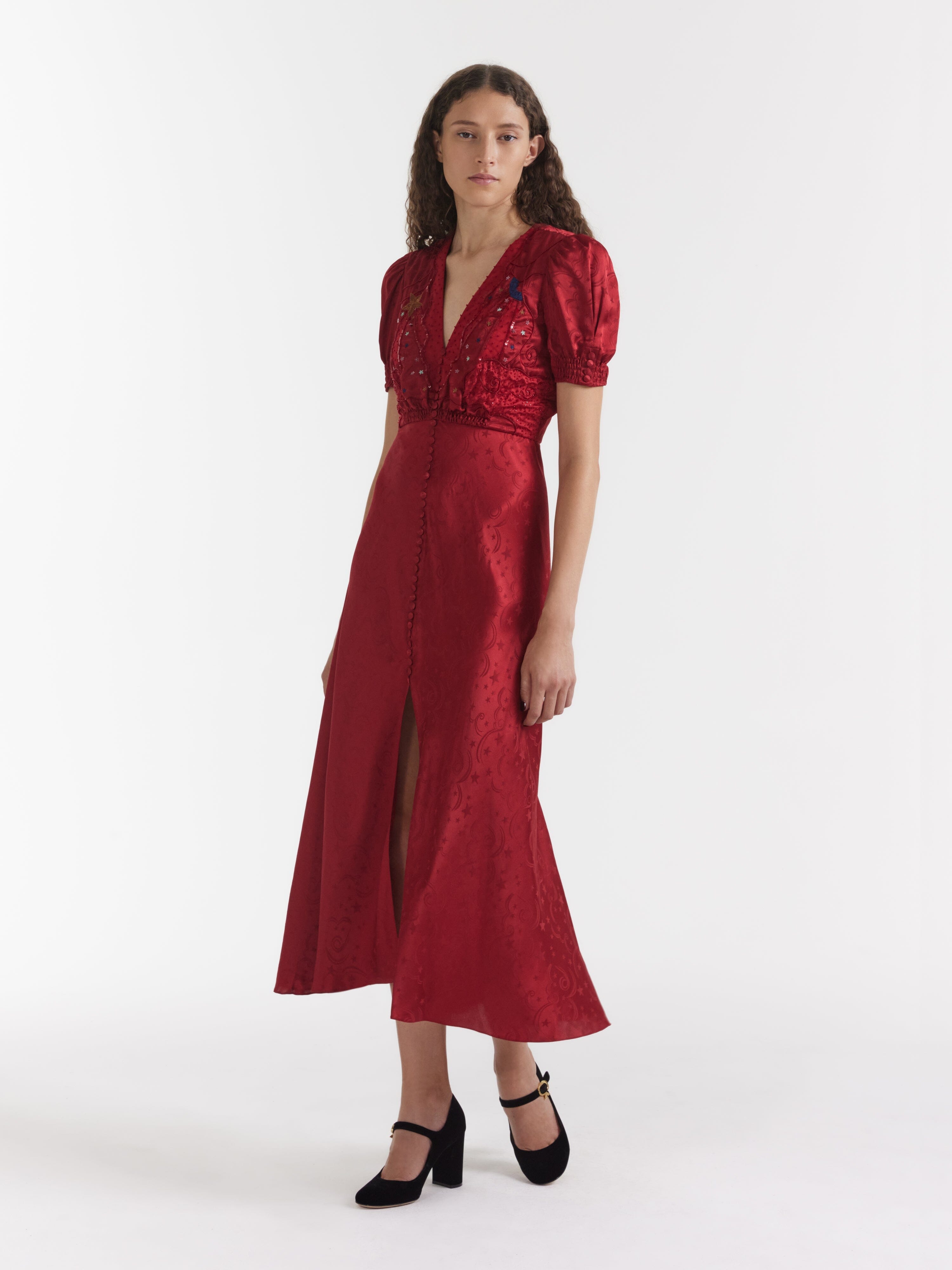 red saloni dress Saloni Olivia Wrap-Effect Midi Dress Red Floral Print Silk Size 4