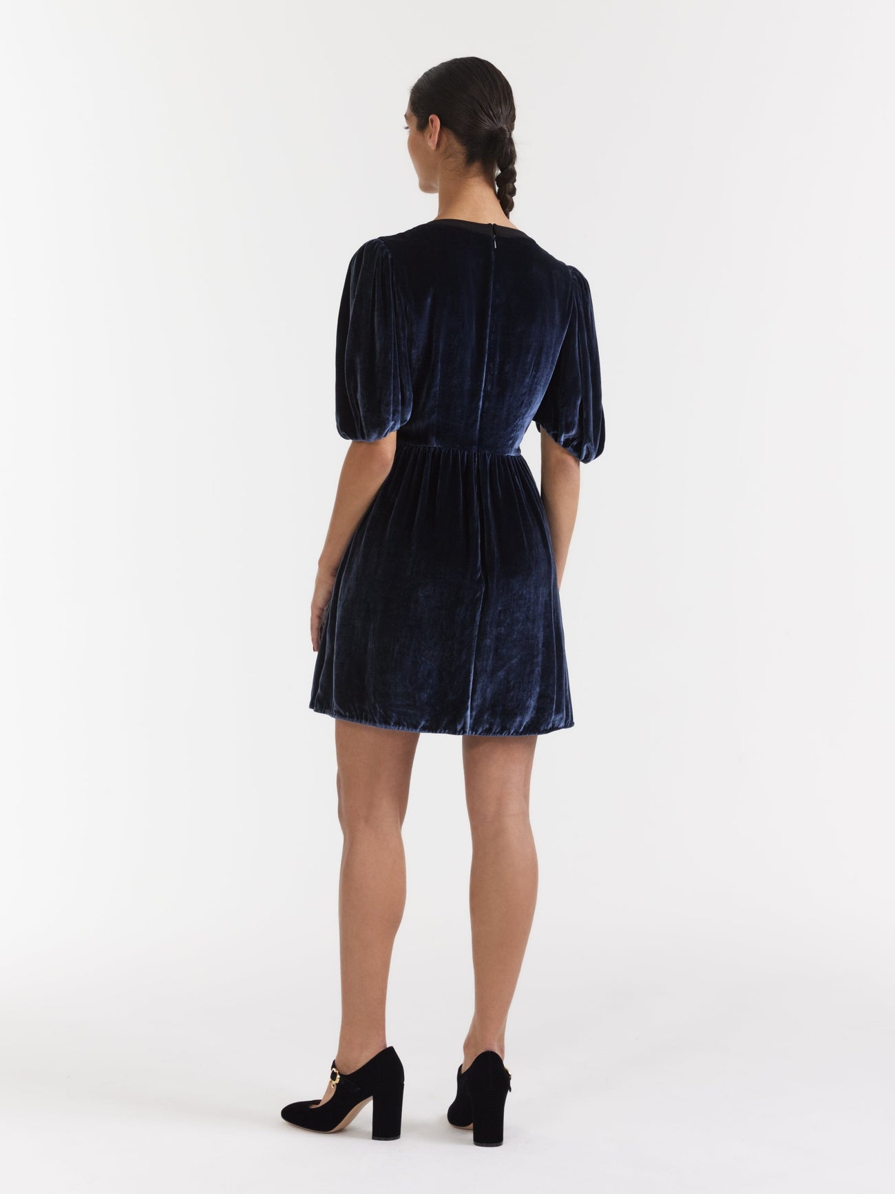 Load image into Gallery viewer, Camille Thread Short Dress with Threadwork Bows in Navy