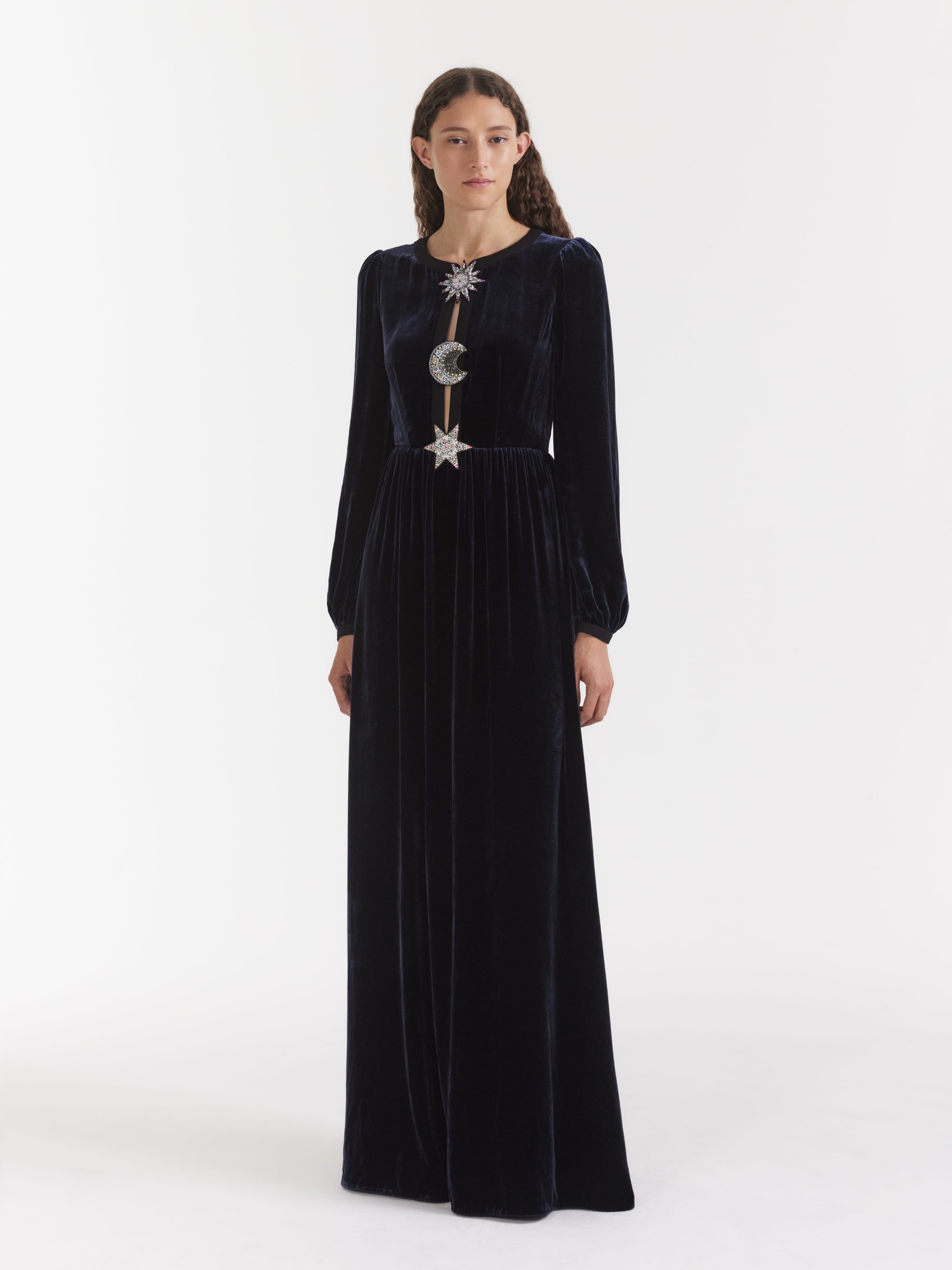 Camille Embellished Sun Moon Star Long Dress in Dark Navy SALONI