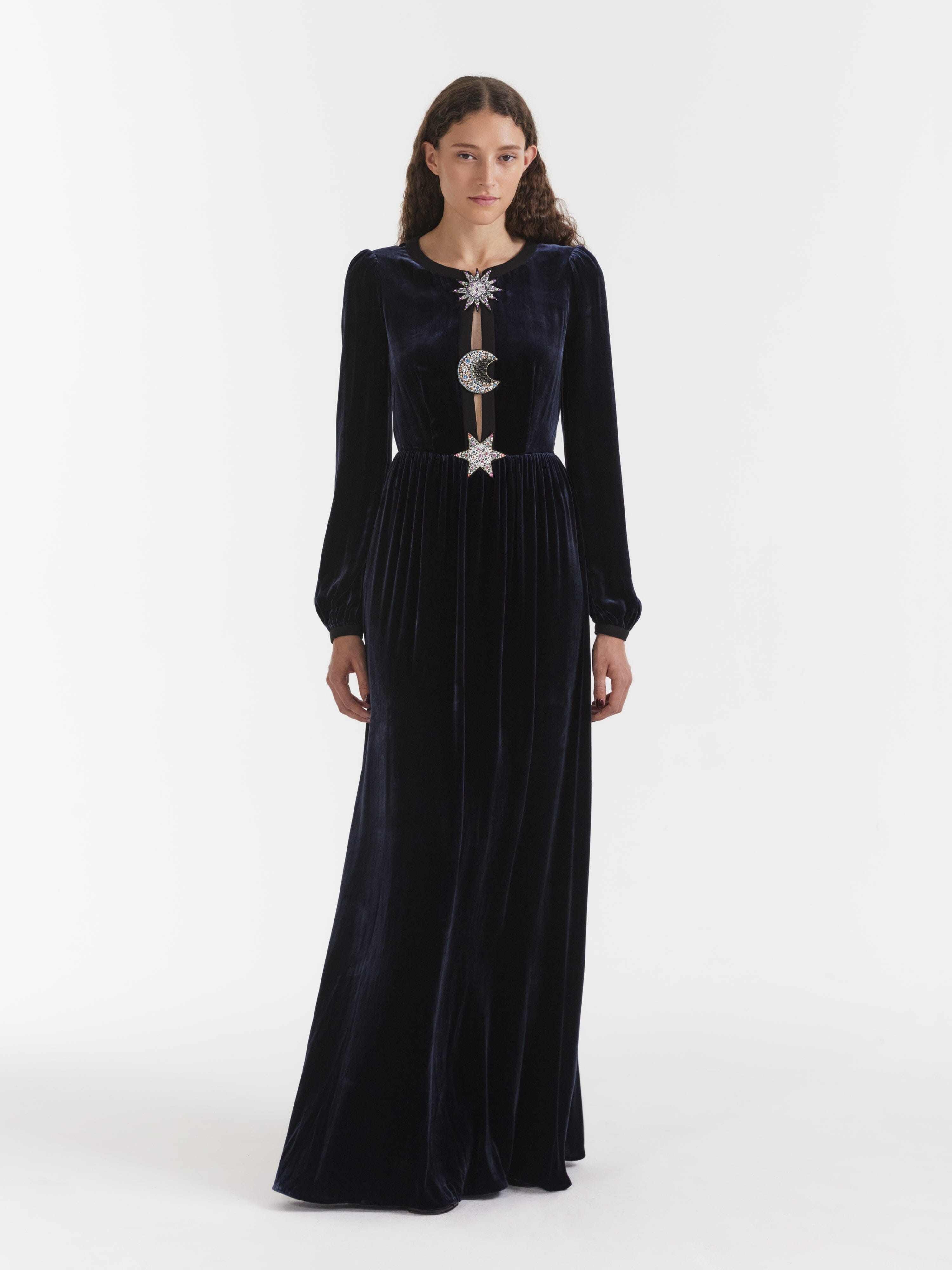 Camille Embellished Sun Moon Star Long Dress in Dark Navy Camille Embellished Sun Moon Star Long Dress in Dark Navy