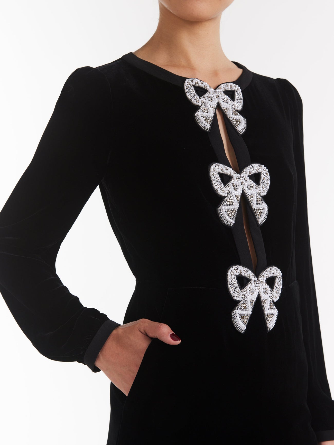 Load image into Gallery viewer, Camille Velvet Embellished Bows Jumpsuit in Black