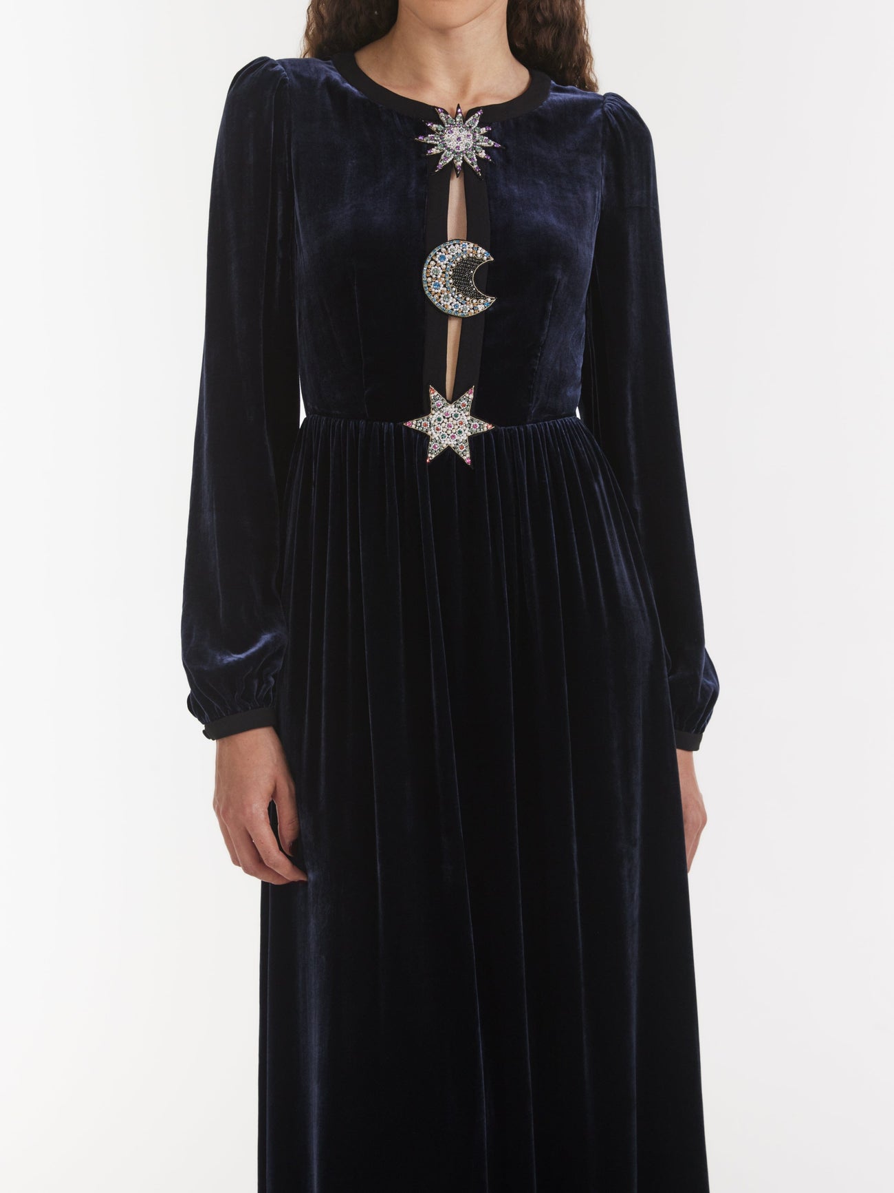 Load image into Gallery viewer, Camille Embellished Sun Moon Star Long Dress in Dark Navy