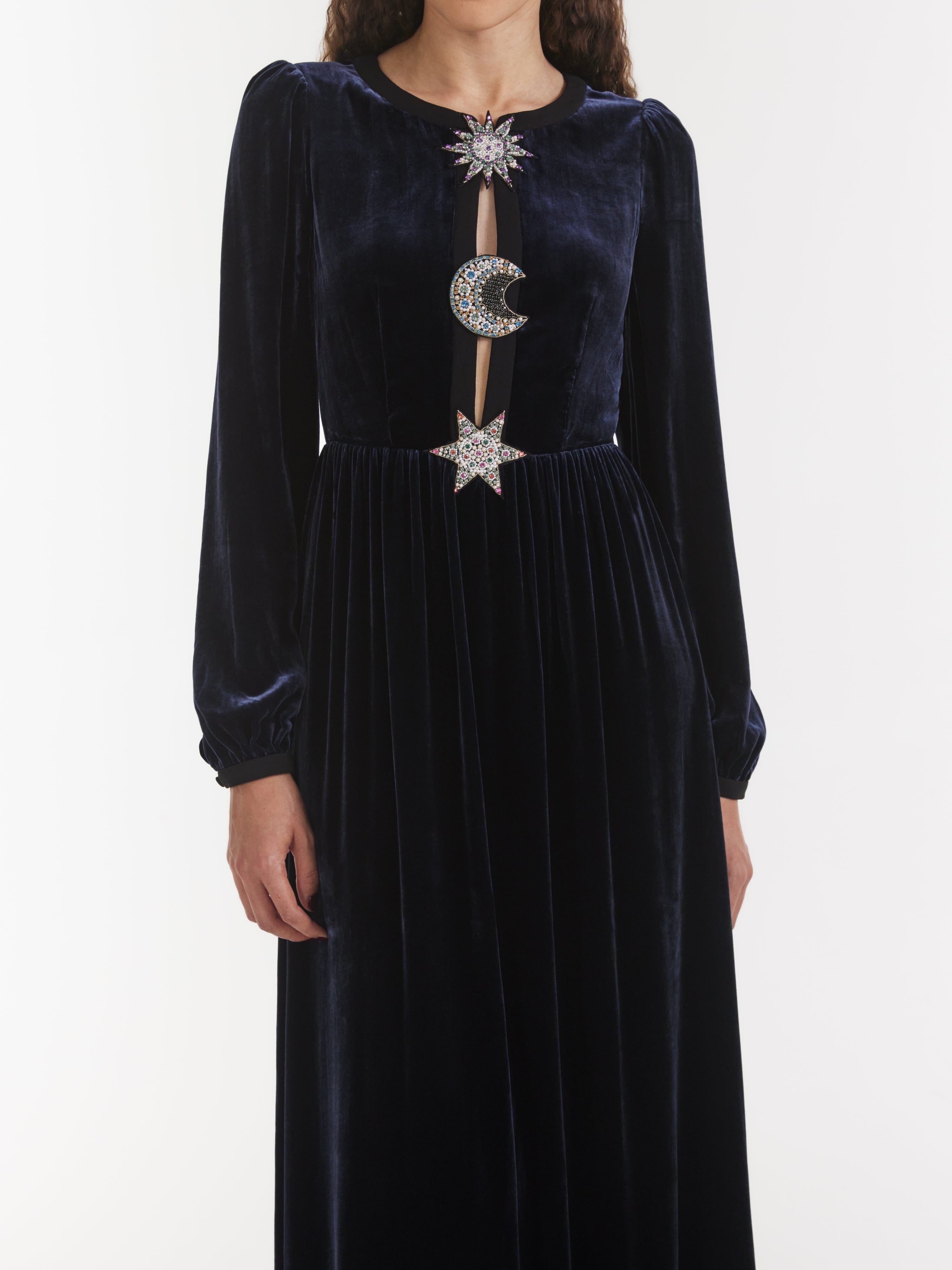 Camille Embellished Sun Moon Star Long Dress in Dark Navy Camille Embellished Sun Moon Star Long Dress in Dark Navy