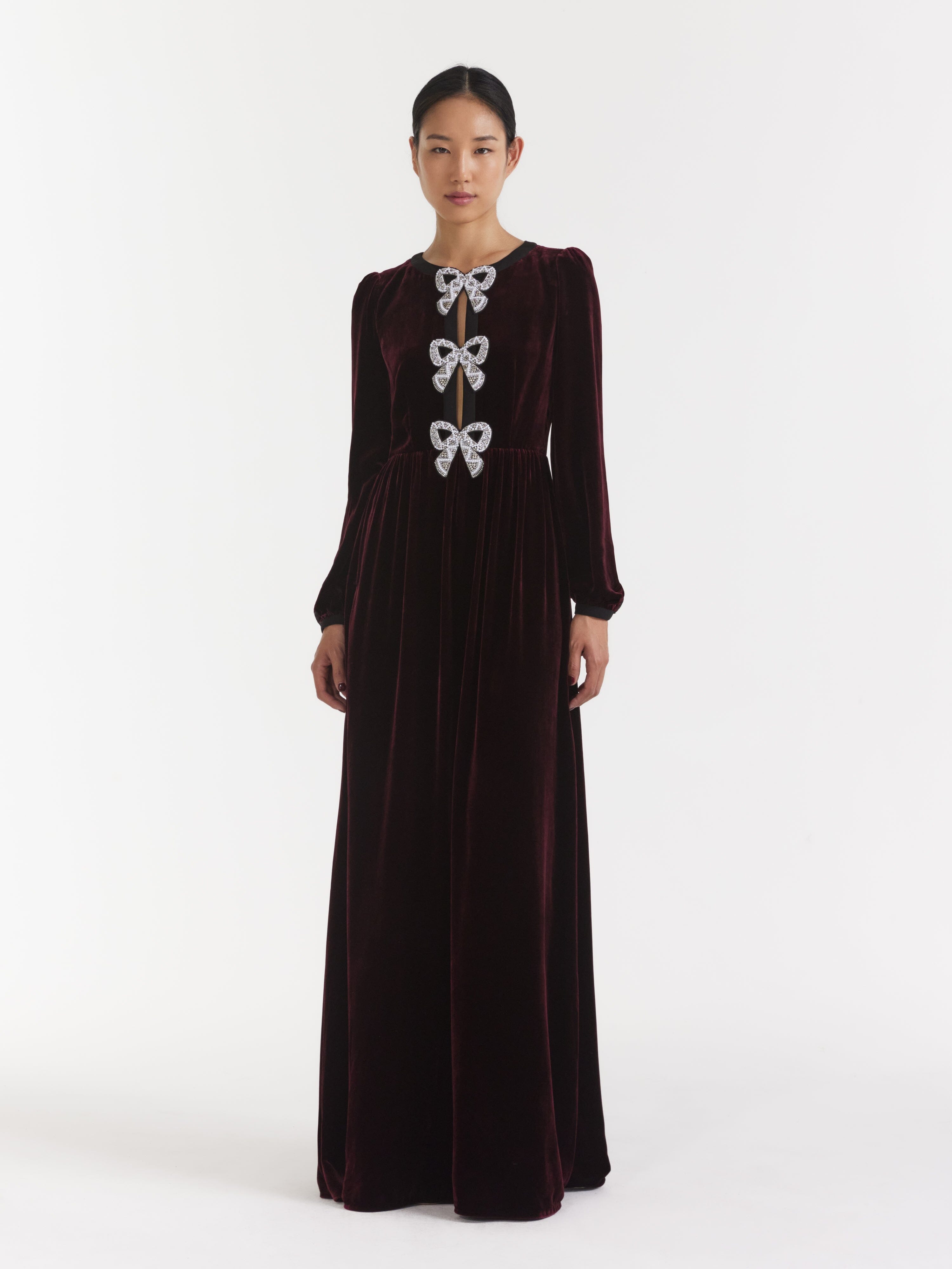Camille Velvet Embellished Bows Long Dress in Burgundy Camille Velvet Embellished Bows Long Dress in Burgundy