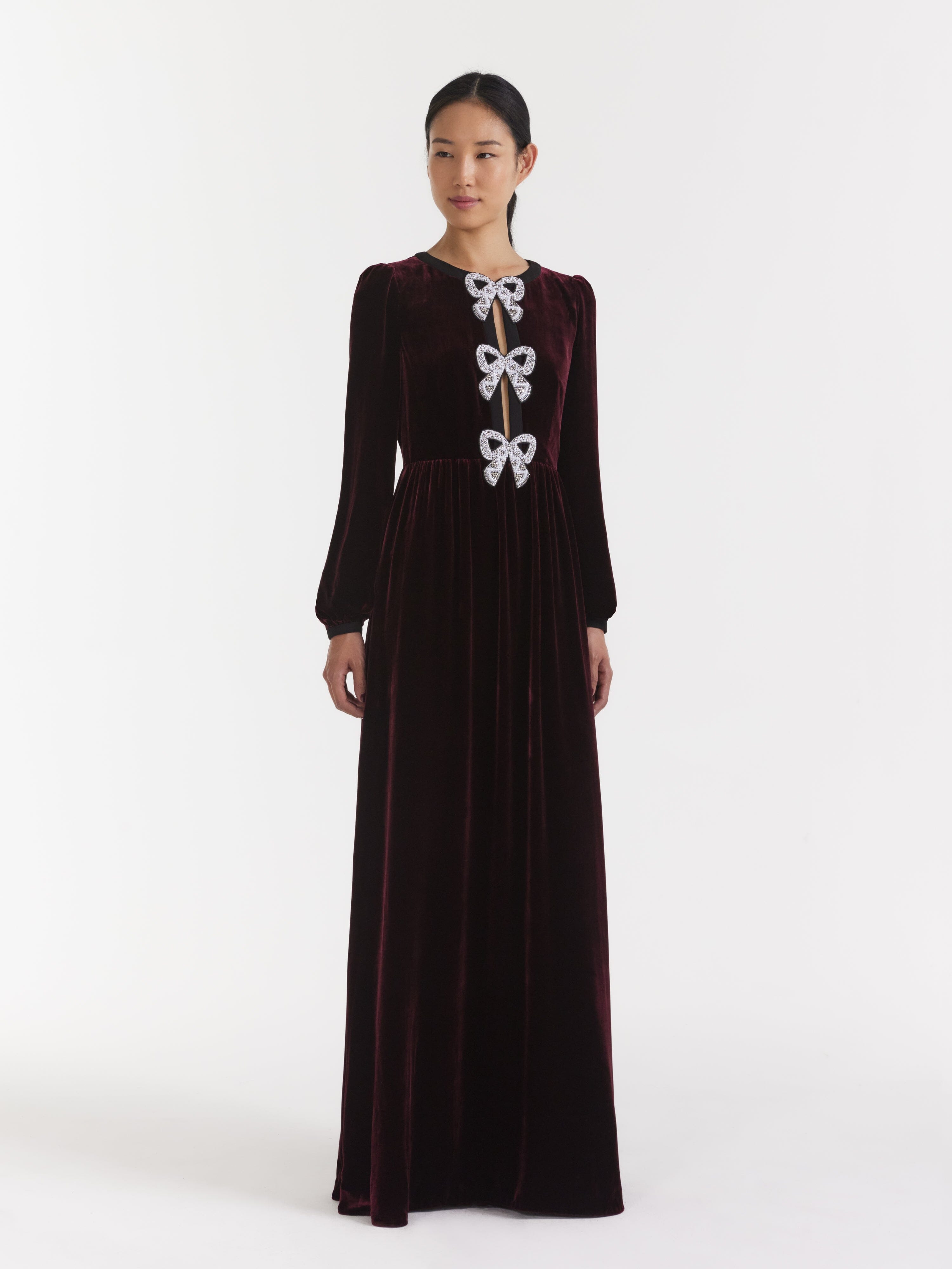 Camille Velvet Embellished Bows Long Dress in Burgundy