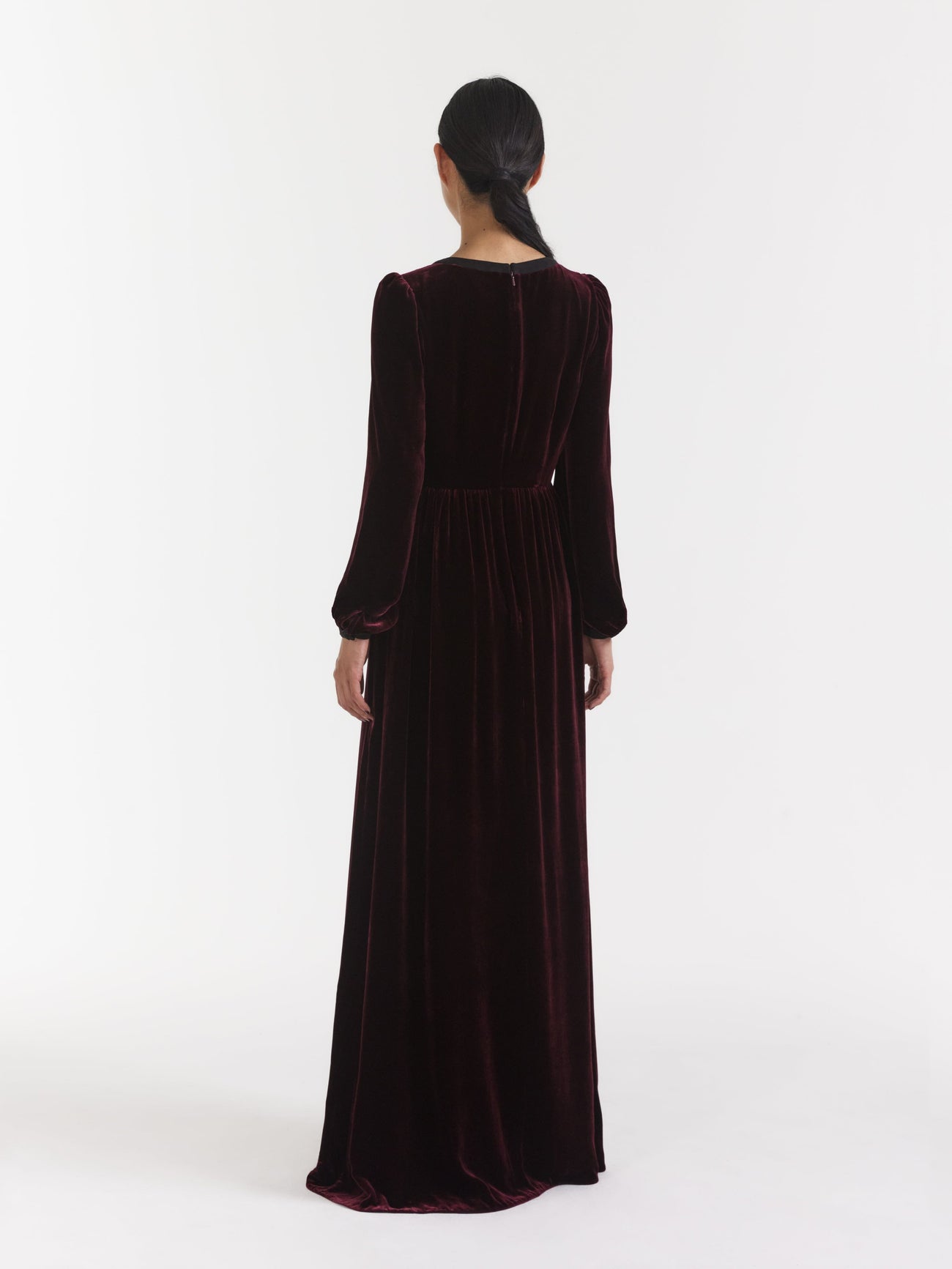 Load image into Gallery viewer, Camille Velvet Embellished Bows Long Dress in Burgundy