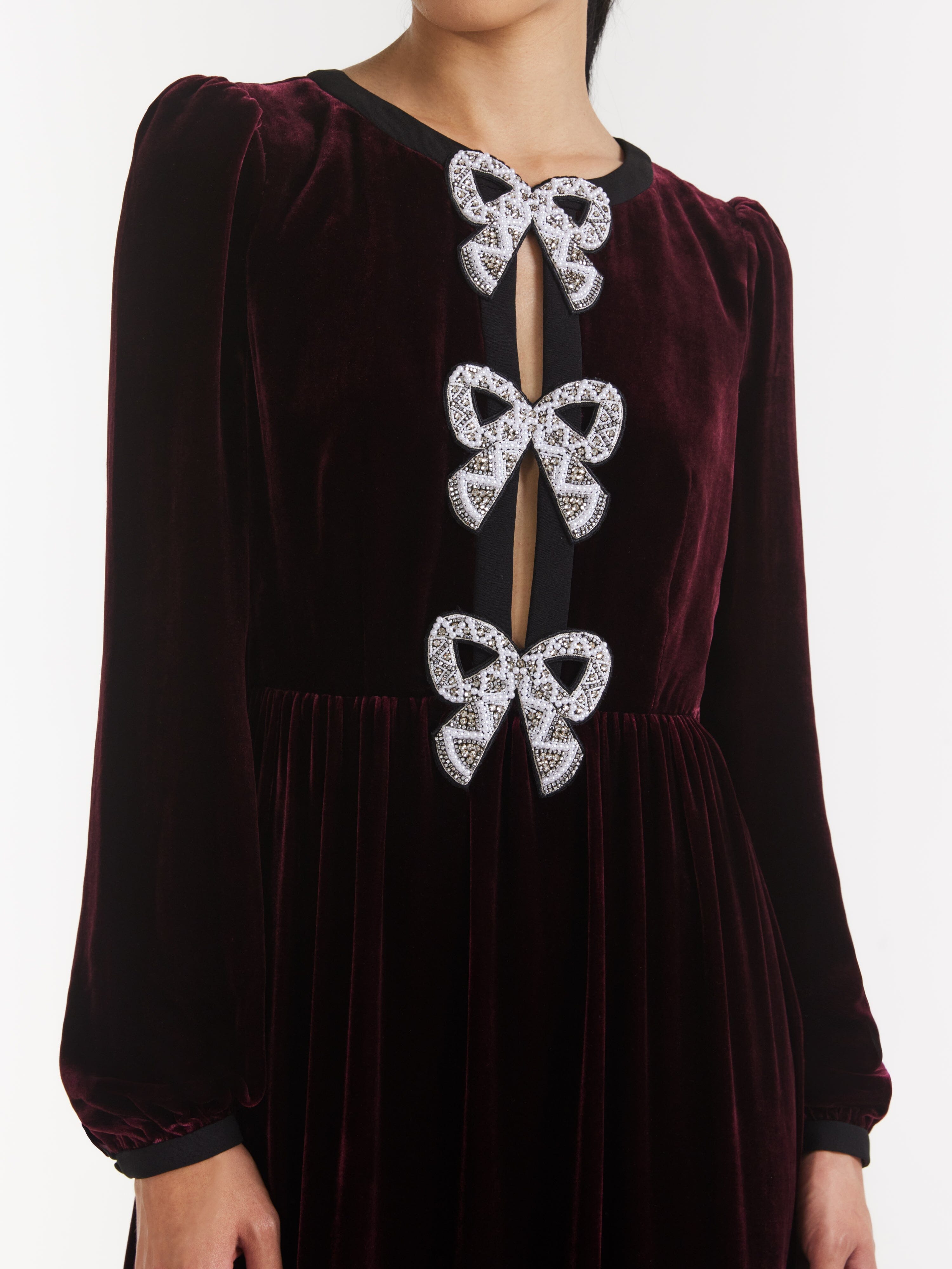 Camille Velvet Embellished Bows Long Dress in Burgundy – SALONI