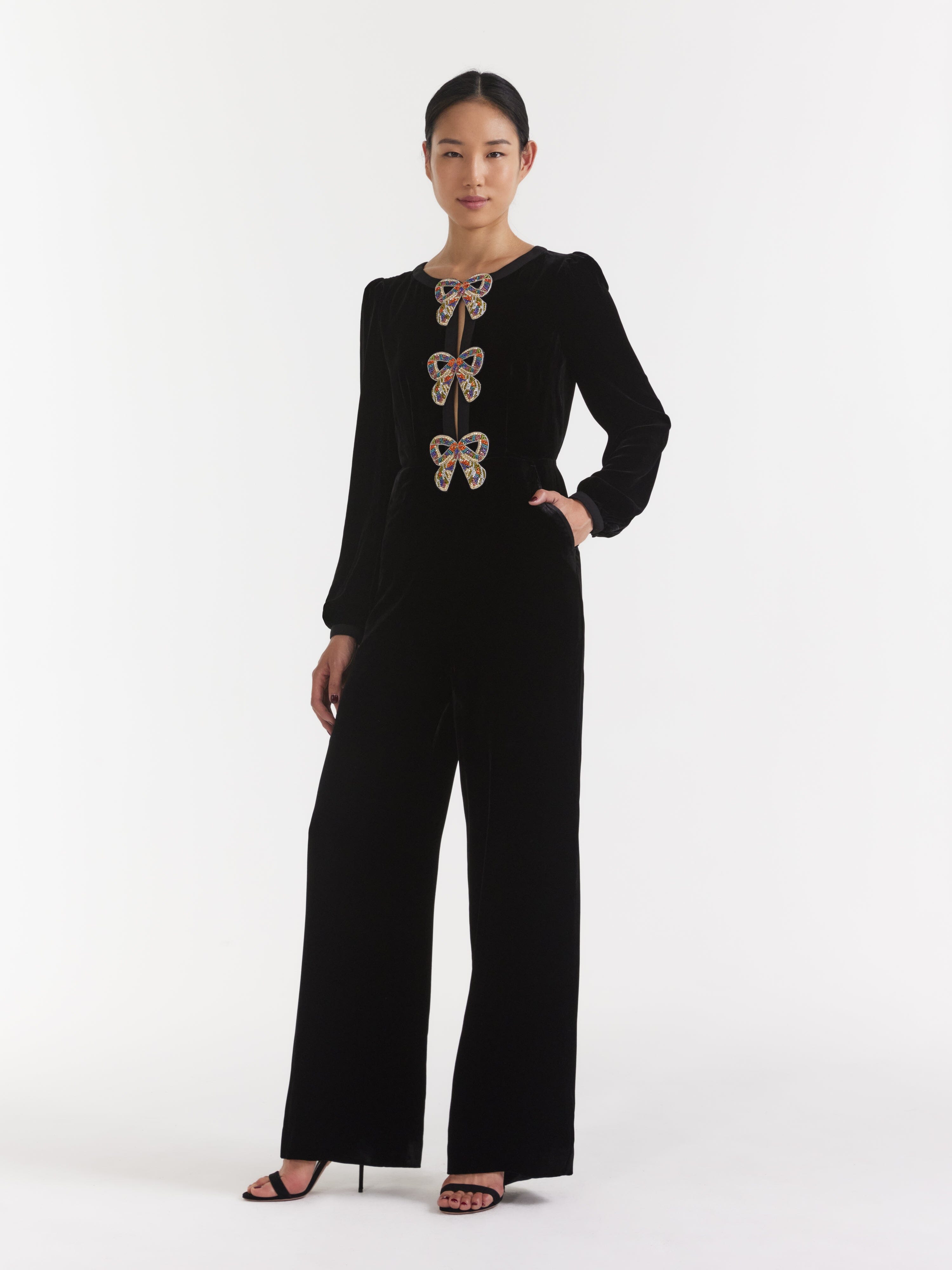 Camille Velvet Embellished Bows Jumpsuit in Black with Rainbow Bows