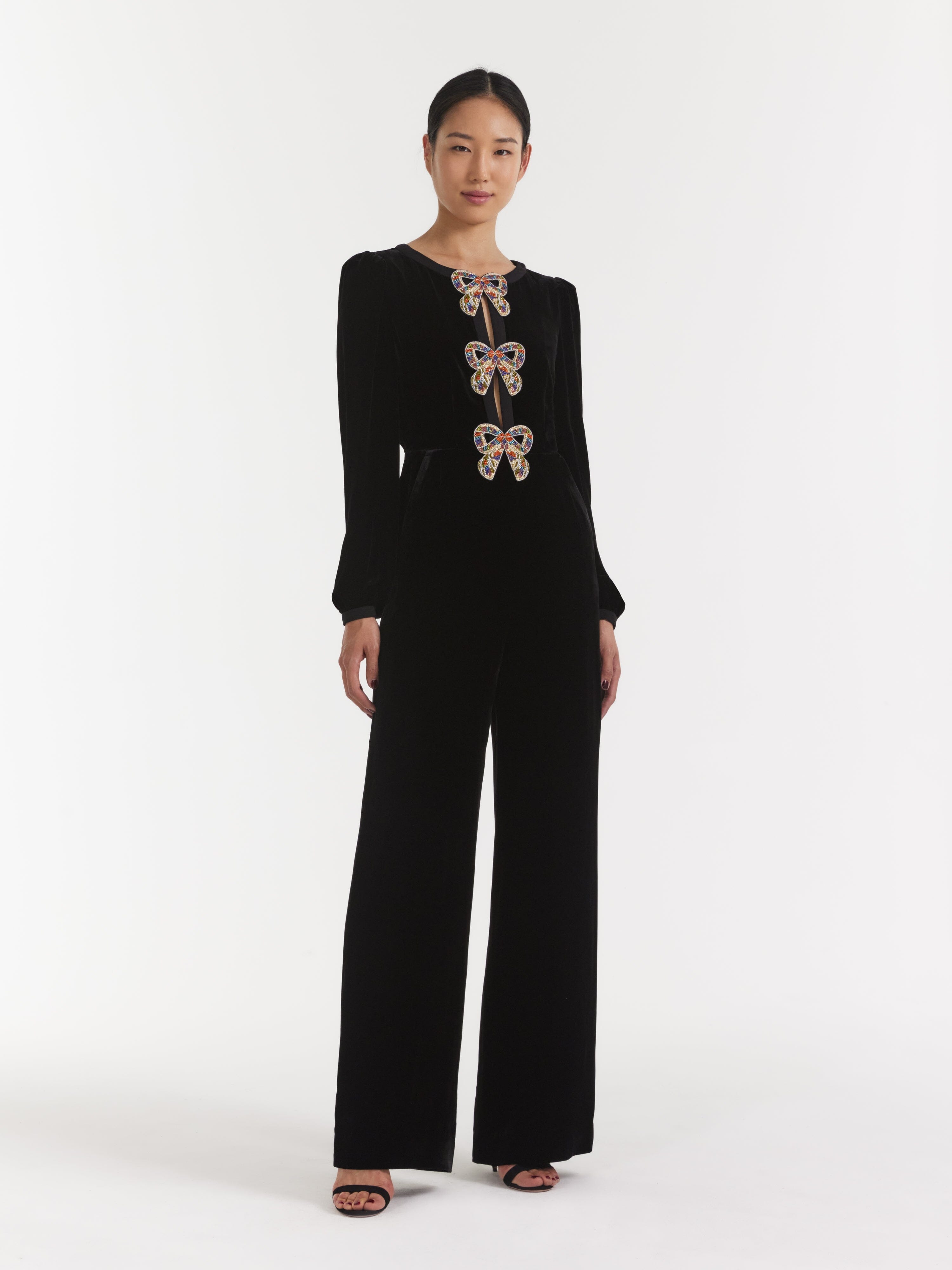 Camille Velvet Embellished Bows Jumpsuit in Black with Rainbow Bows ...