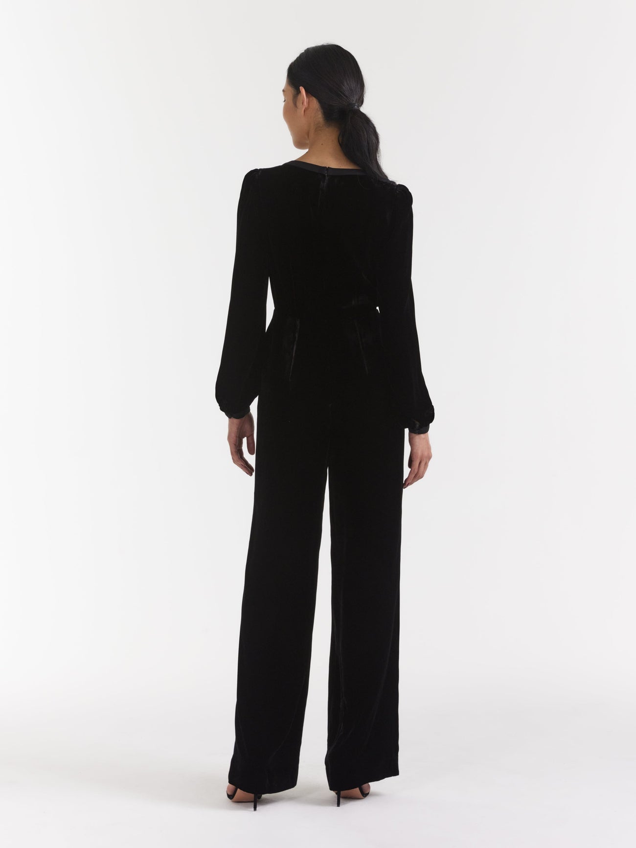 Load image into Gallery viewer, Camille Velvet Embellished Bows Jumpsuit in Black with Rainbow Bows