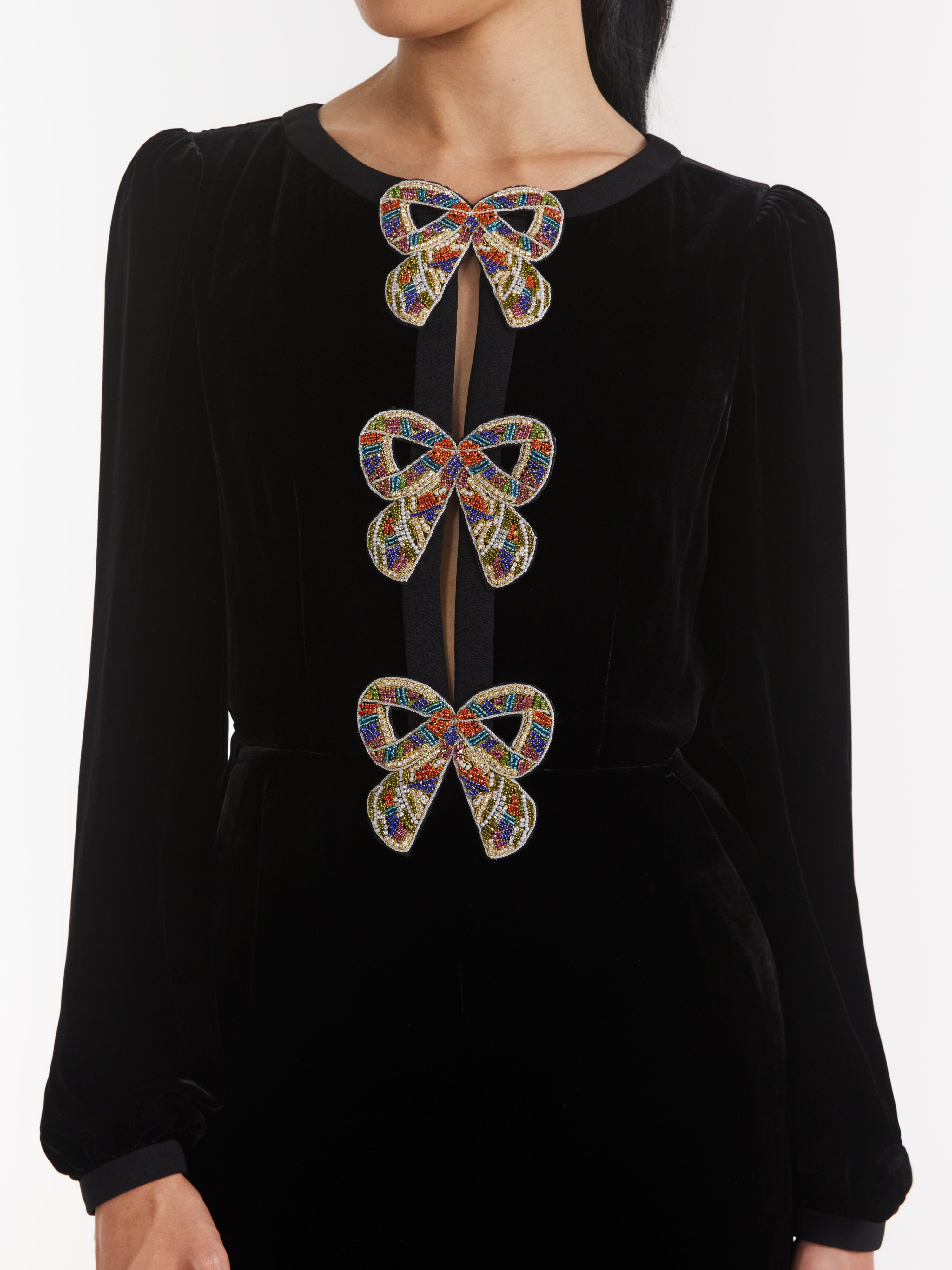 Camille Velvet Embellished Bows Jumpsuit in Black with Rainbow