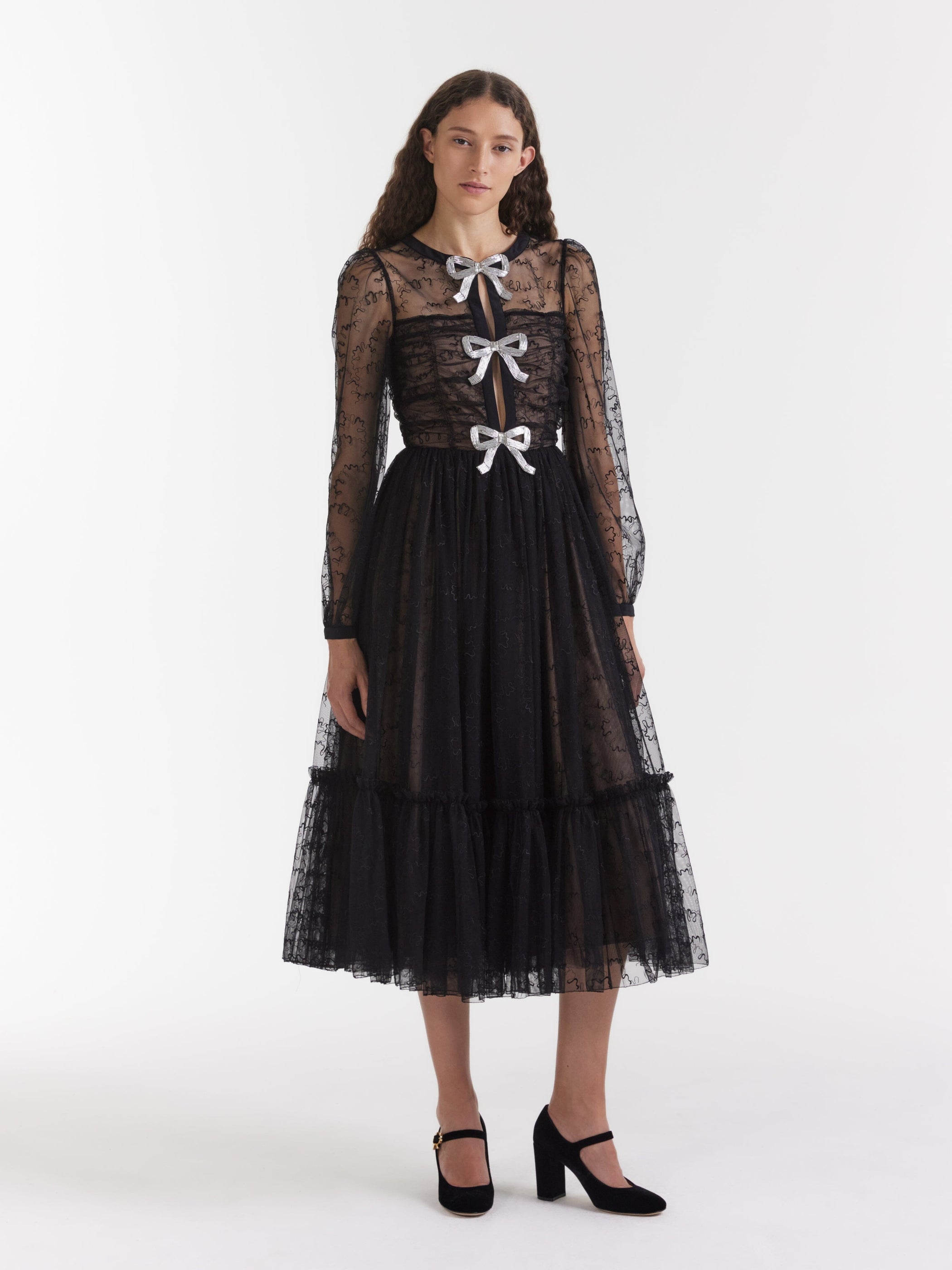 Camille Tulle Bugle Bows Dress in Black