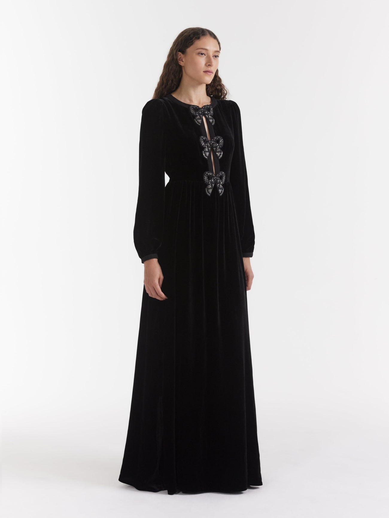 Load image into Gallery viewer, Camille Velvet Embellished Black Bows Long Dress in Black