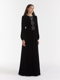 Camille Velvet Embellished Black Bows Long Dress in Black