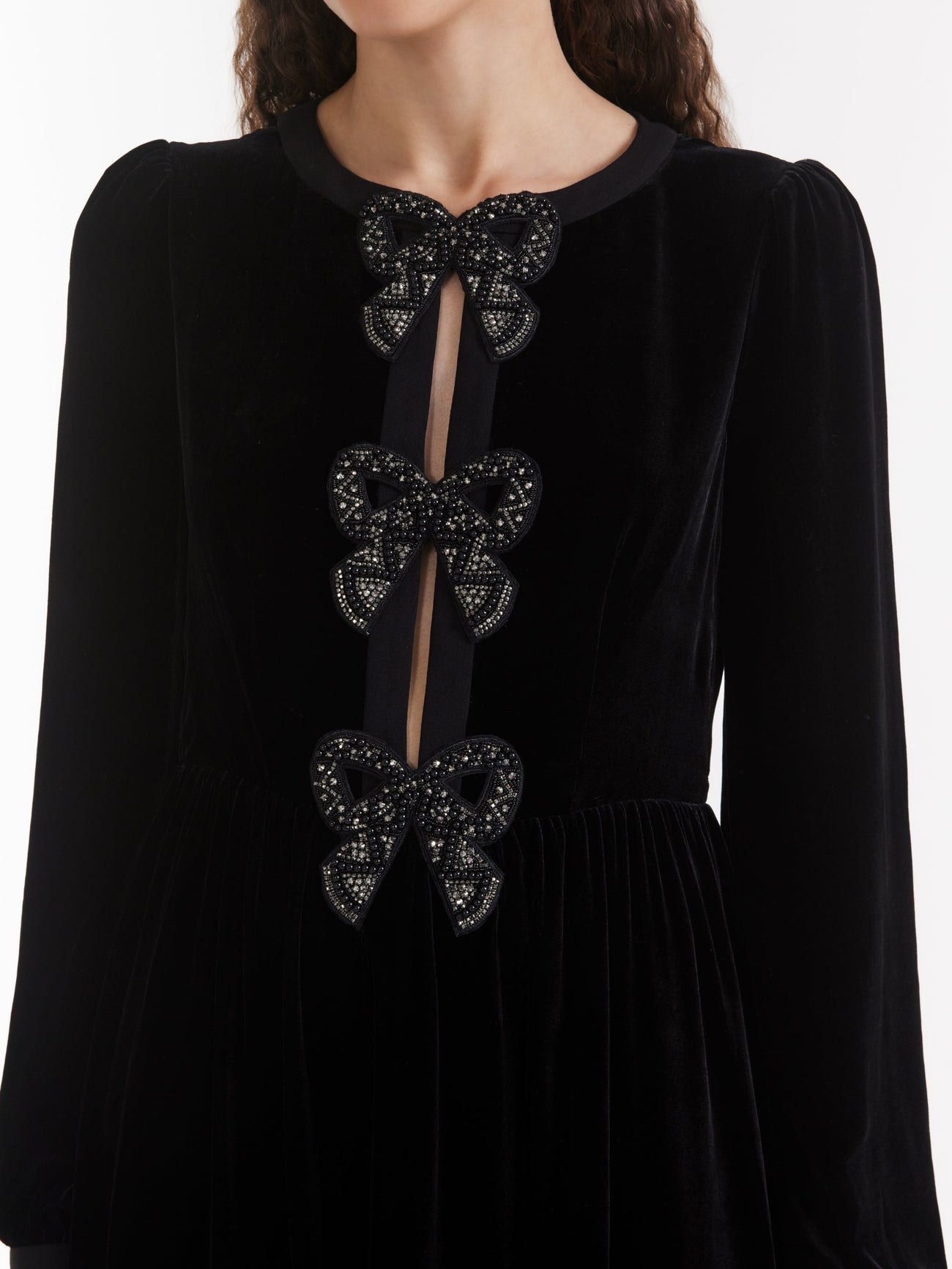 Load image into Gallery viewer, Camille Velvet Embellished Black Bows Long Dress in Black